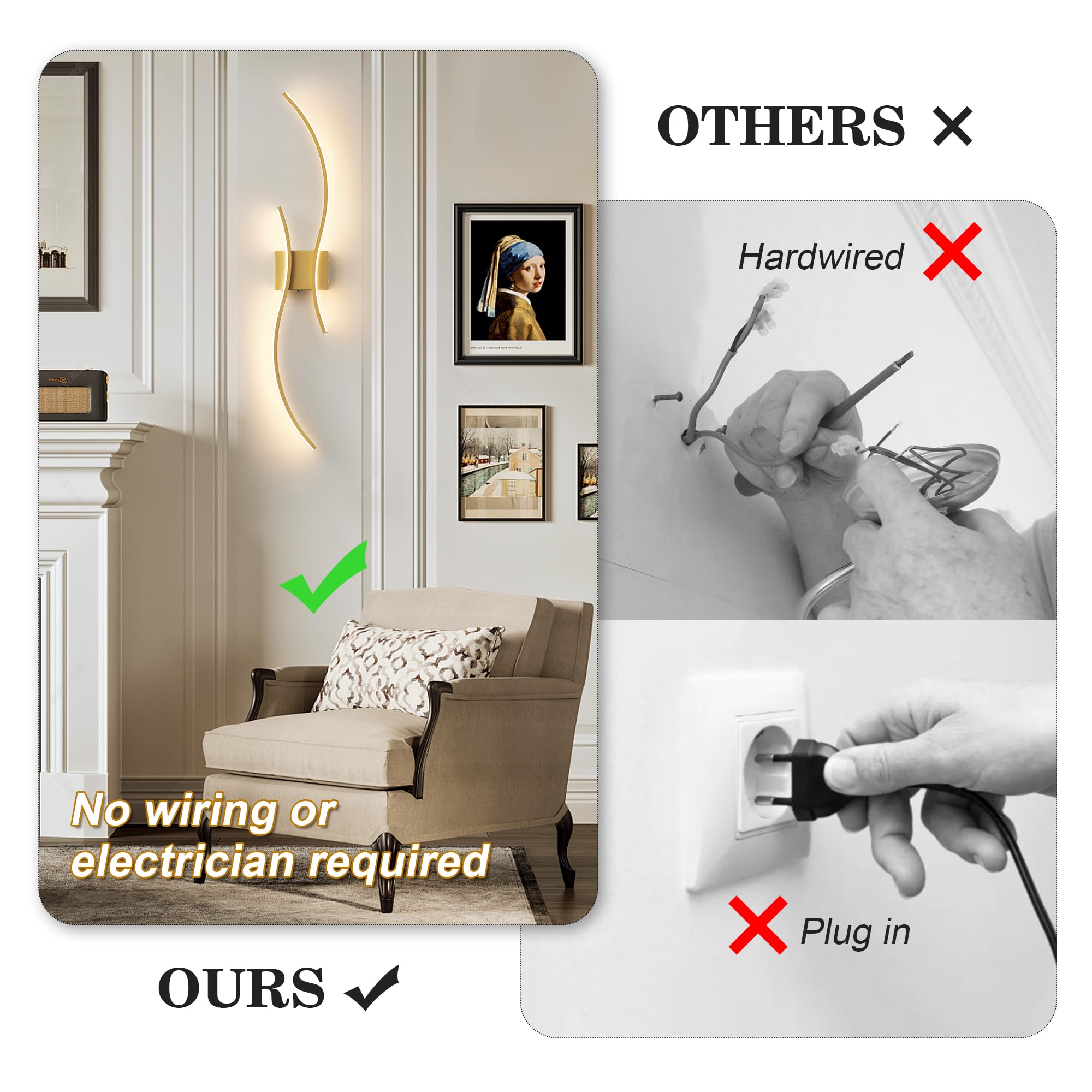 KARTOOSH Battery Operated Wall Sconce with Remote, LED Gold Light, 39.3 Inch, Stepless Colors 3000K-6000K, Model ZM319BGD
