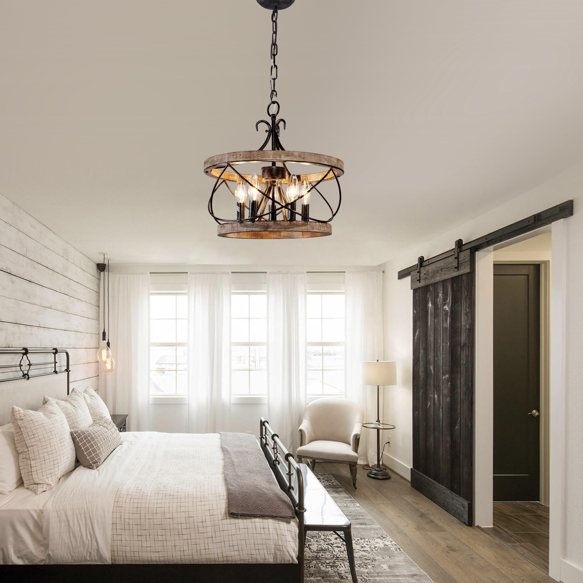 Dawn Whisper 5-Light Farmhouse Chandelier, 15.7" Rustic Drum Light Fixture in Gray, Ideal for Dining Room & Kitchen