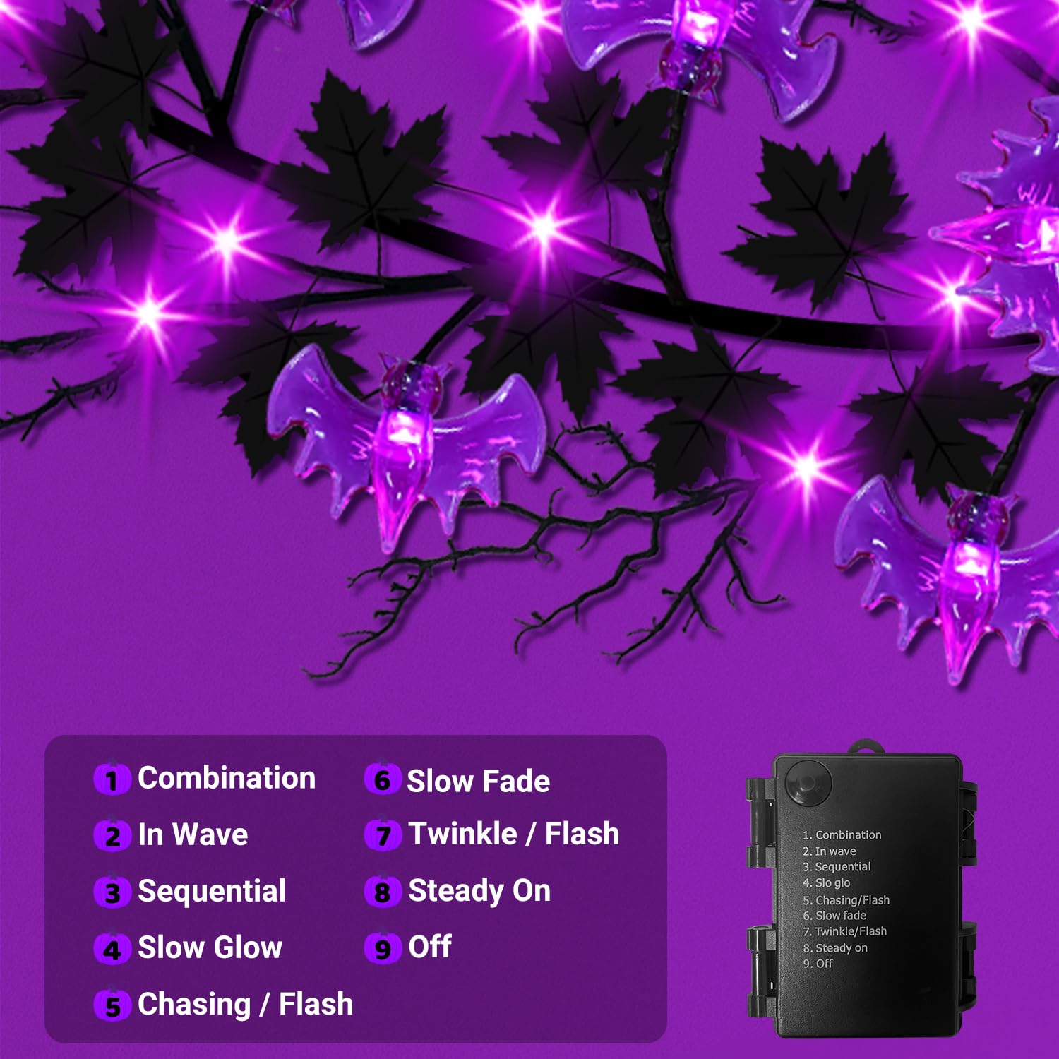 6Ft Halloween Willow Vine Lights Battery Operated Halloween Lights Purple Halloween Garland Decor with 18 Bats & 54 LED Bulbs, f