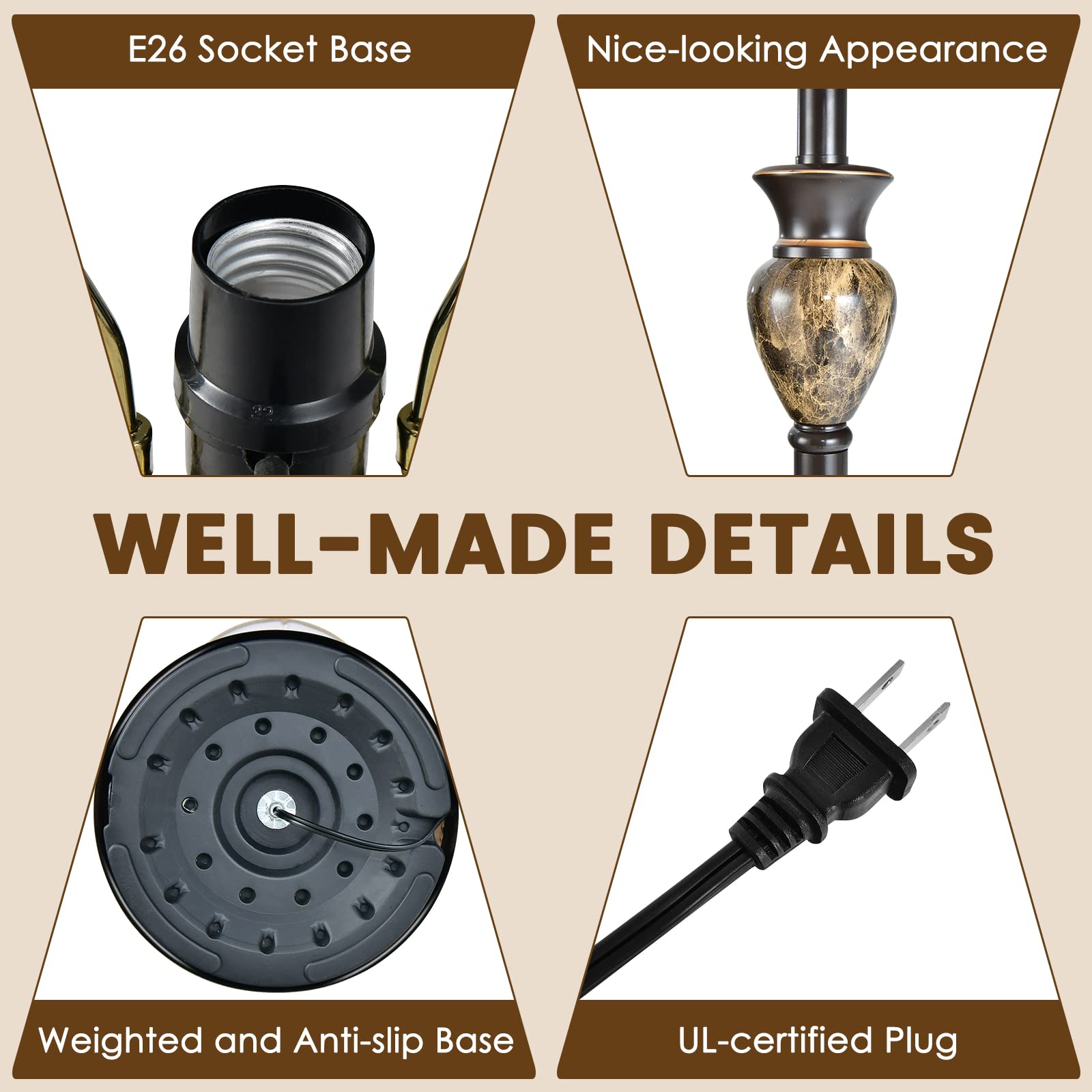 Tangkula 3-Piece Table And Floor Lamp Set, Beige Linen Shades, Metal & Cement, 29” & 61” Height, Traditional Style For Living Room & Bedroom