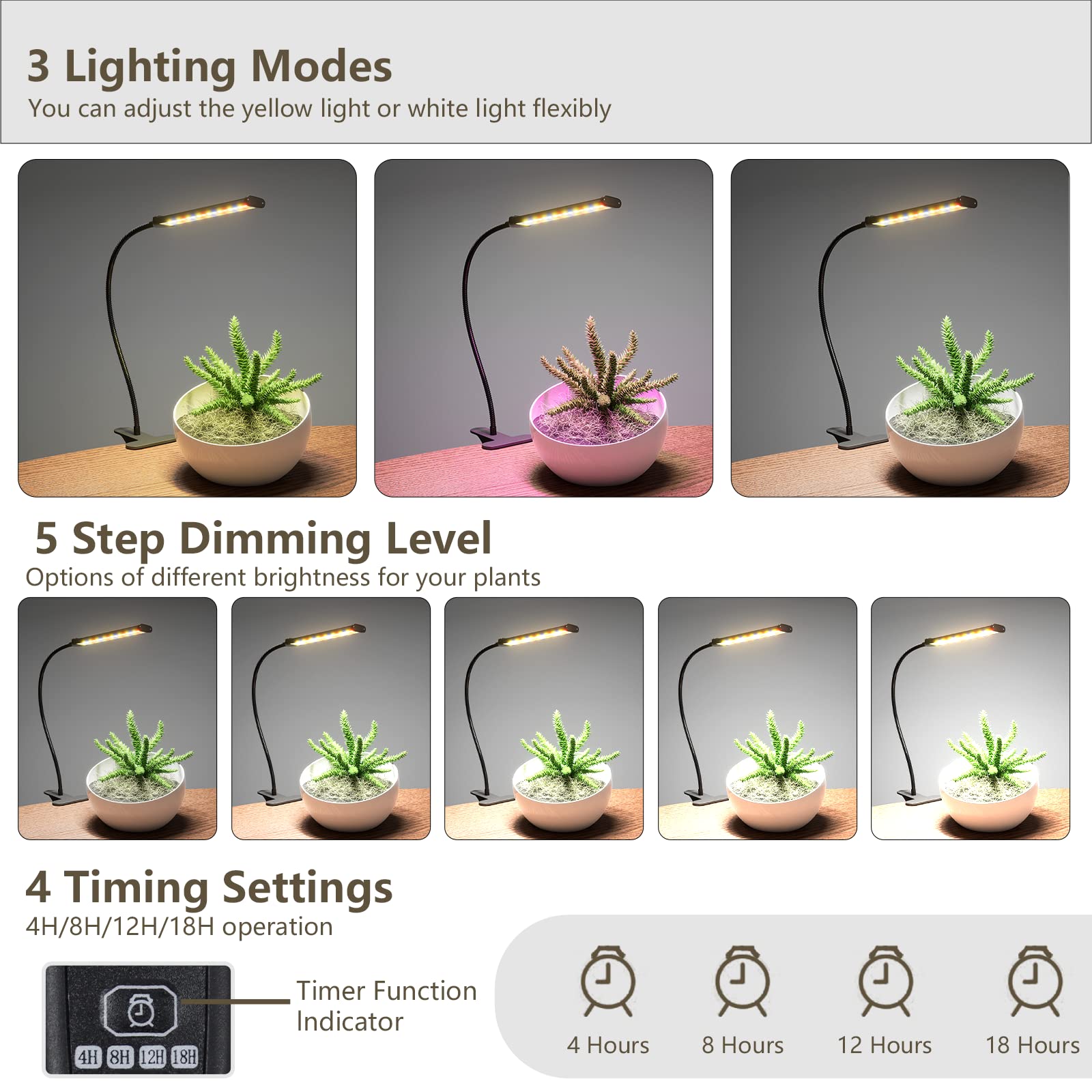 Gooingtop Grow Light Led Gooseneck Lamp,5000K 50W Full Spectrum Plant Lamp Clip-On Desktop For Indoor Plants Growing,Upgraded Timer 4 8 12 18Hrs,Brightness And Color Mode Changeable