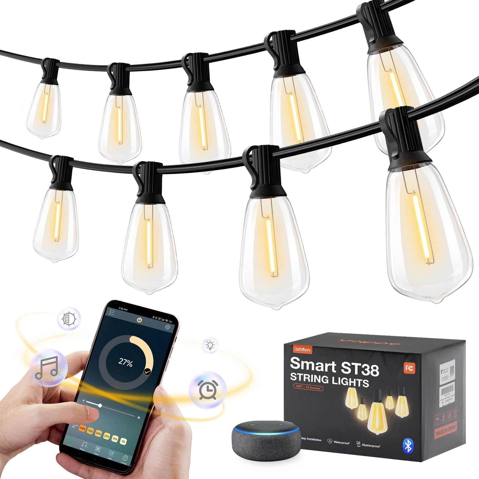Addlon 48Ft Smart Outdoor String Lights, Dimmable Patio Lights With 15 Waterproof Led Bulbs, String Lights For Outside Works Wit