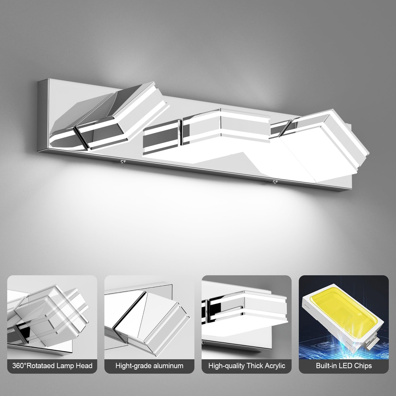 Ralbay Led Modern Bathroom Vanity Lights Chrome 3-Light 24Inch Acrylic Modern Bathroom Wall Lighting Fixtures Over Mirror