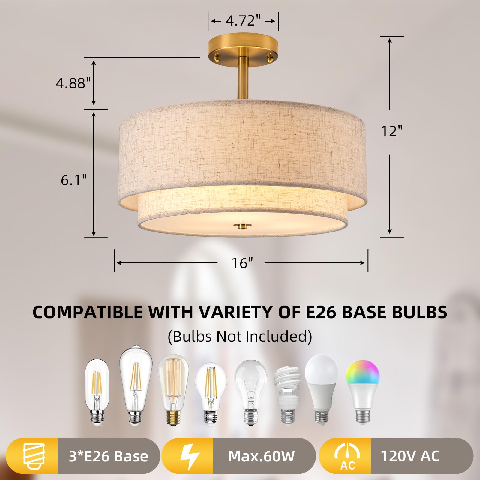 Aufrichting 16'' Semi Flush Mount Ceiling Light Fixture,Modern Close To Ceiling Light, 3-Lights Gold Drum Ceiling Light With Lin