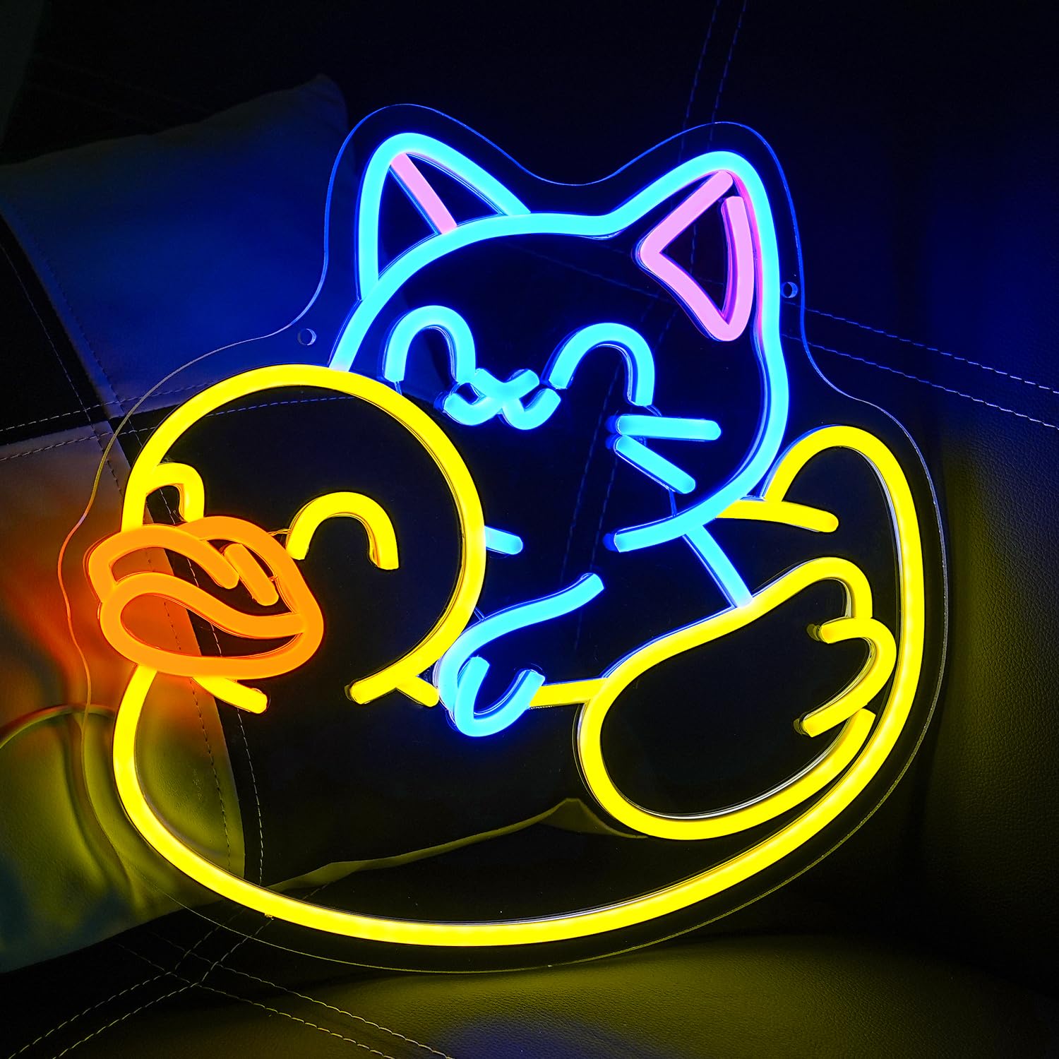 LULANMP Cat Neon Sign - USB Powered LED Light for Wall Decor, 13.5inx12.9in, Yellow Duck & Blue Cat, Acrylic Animal Decoration