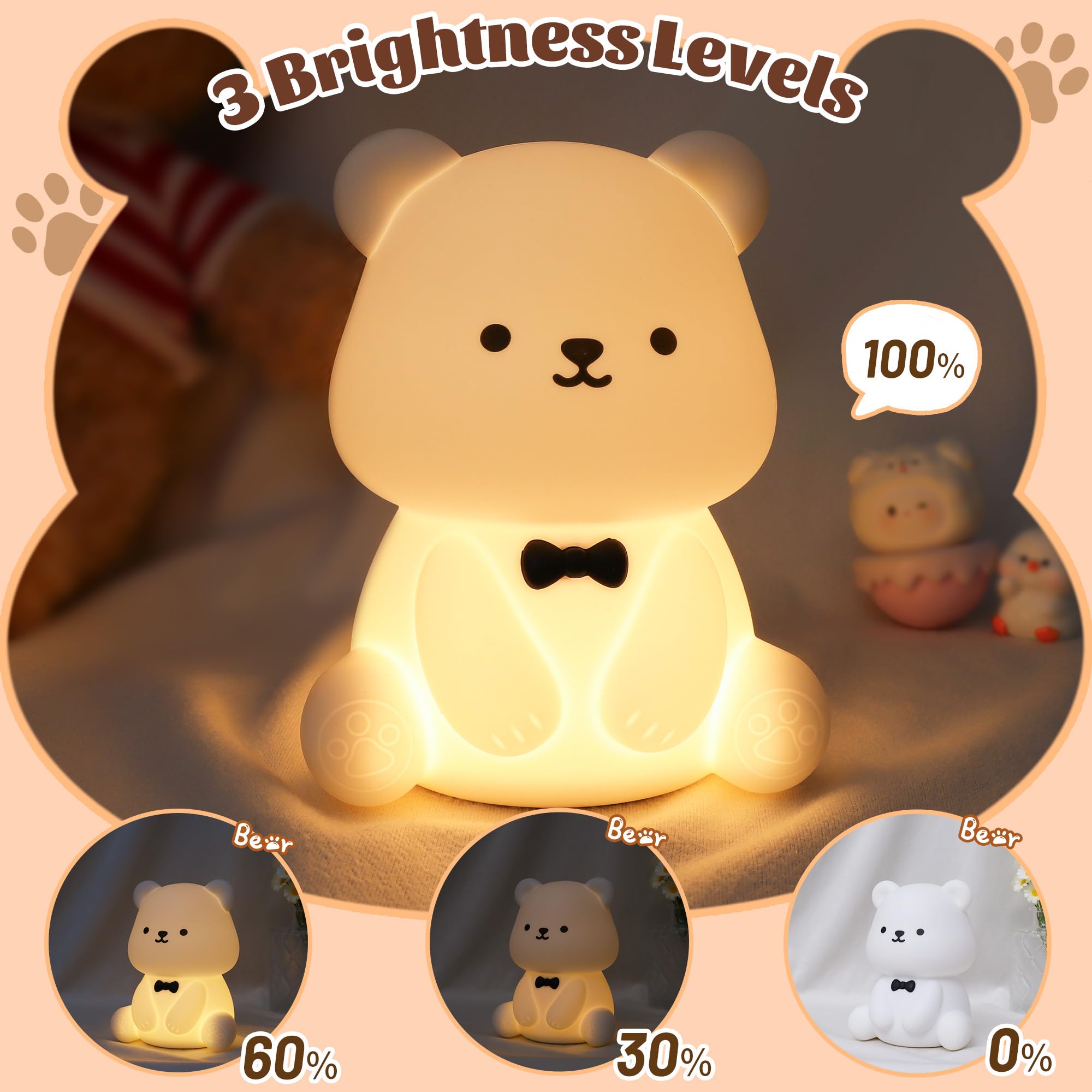 Attivolife Teddy Bear Night Light For Kids  Baby Nursery Beside Silicone Lamp  Protable Usb Rechargeable Kids  Bedroom Nightlight With 8 Color Lights  Birthday Christmas Gifts For Girl Boy Children