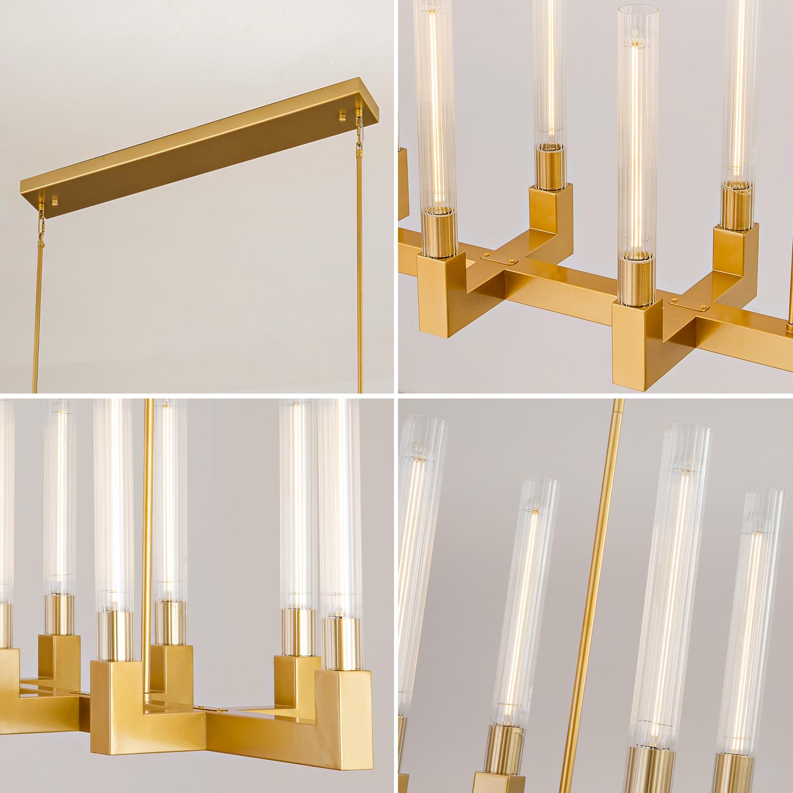 YUEXPAND Farmhouse Chandelier, Gold 12-Lights Modern Pendant Lighting, 54'' Rectangular, Ideal for Dining & Living Rooms