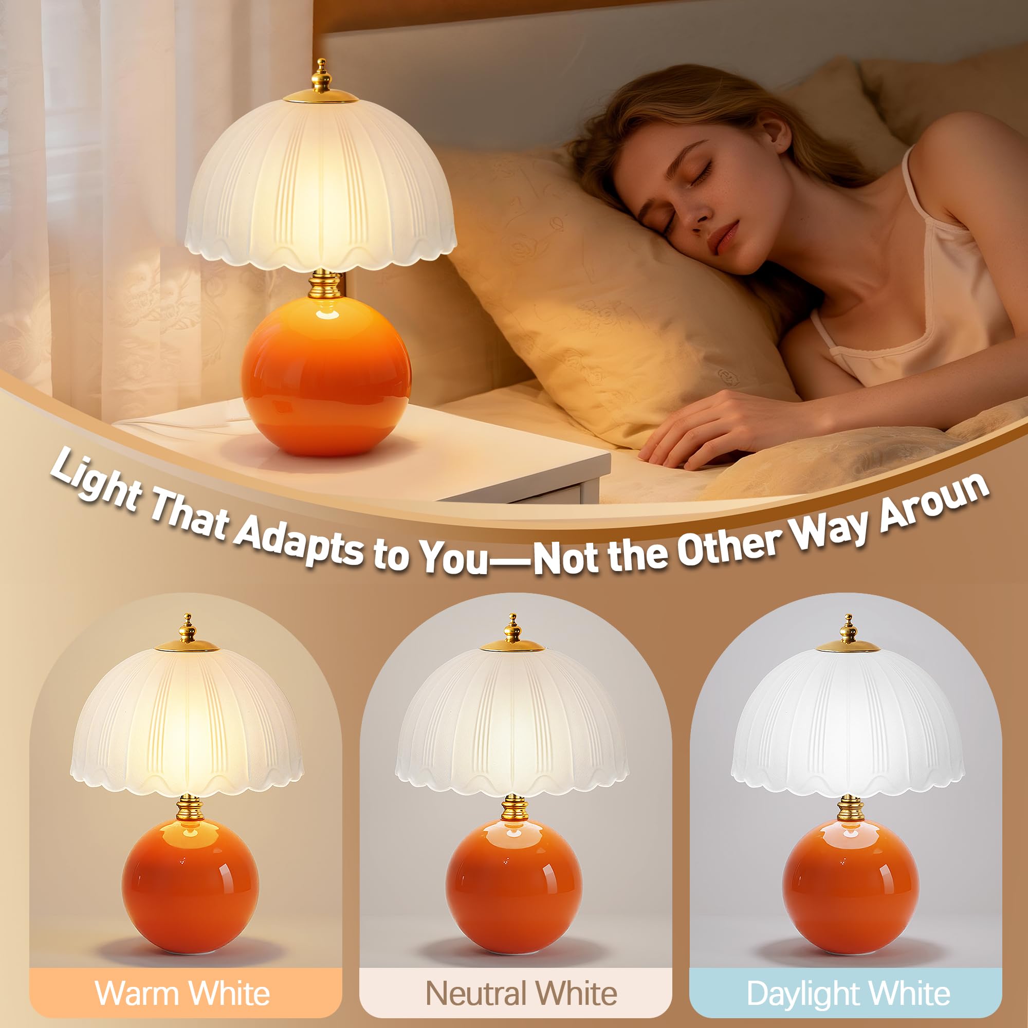 PARTPHONER Mushroom Table Lamp, Ceramic, 3-Way Lighting, Small Bedside Lamp, Orange, Model PALP524AE1