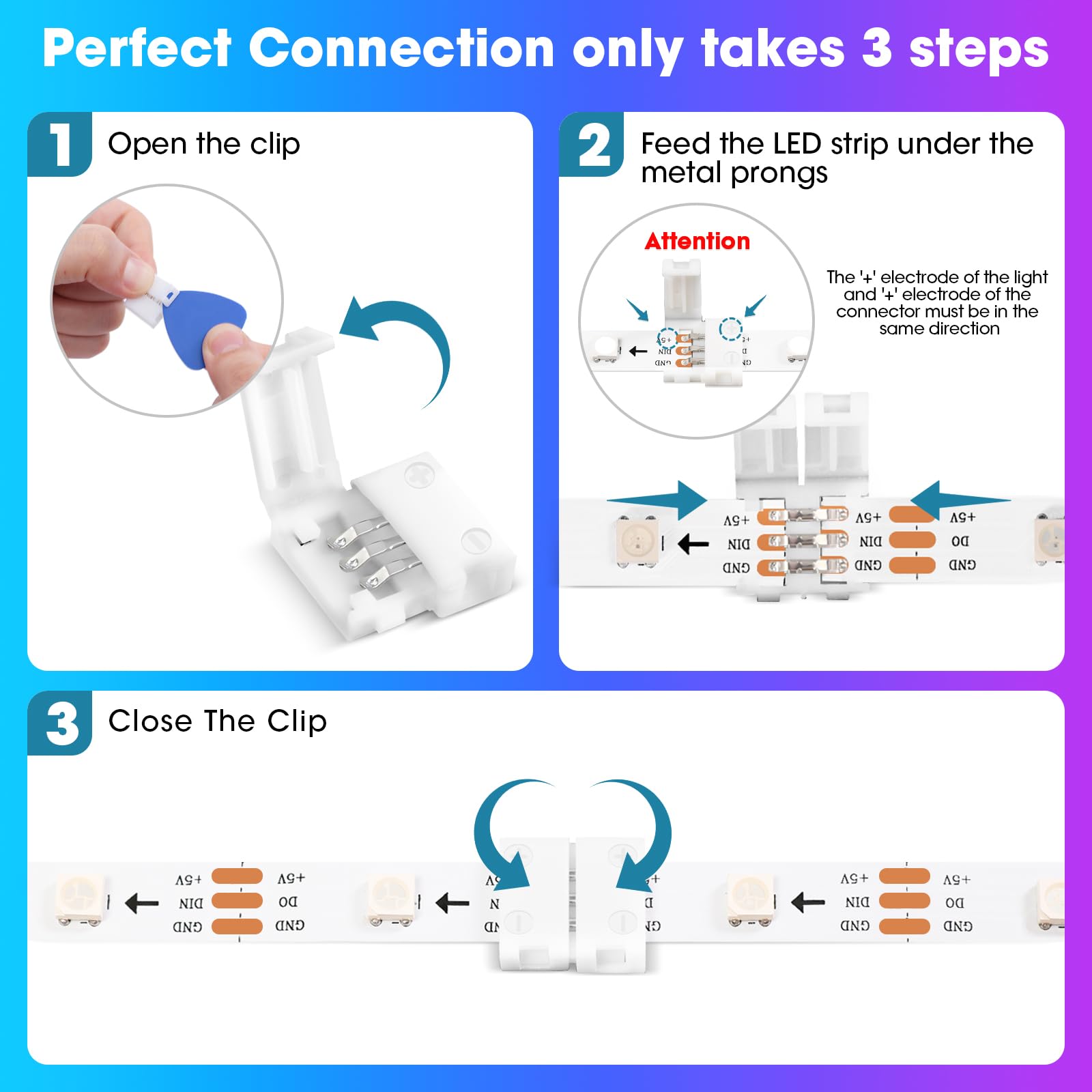 Wenhsin 10-Packs 3-Pin Led Connectors For Led Strip Lights 10Mm Width Unwired Gapless Solderless Adapter Extension