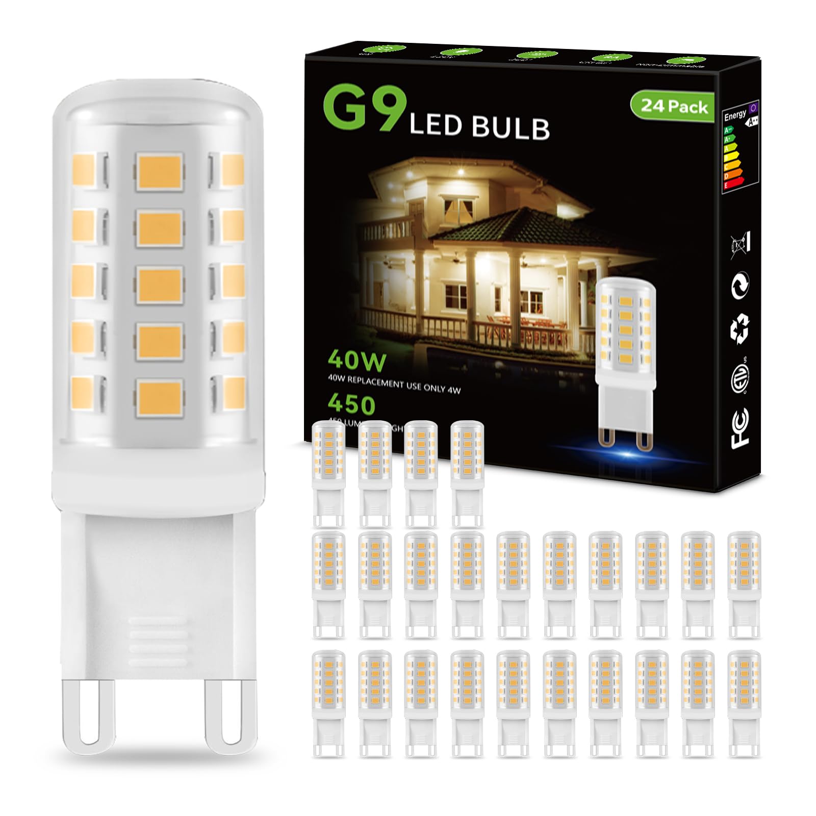 Dalattin G9 Led Light Bulbs 24 Pack,3000K Soft Warm White G9 Base Bulbs 4W,40 Watt T4 G9 Halogen Equivalent,120V No-Flicker,450L