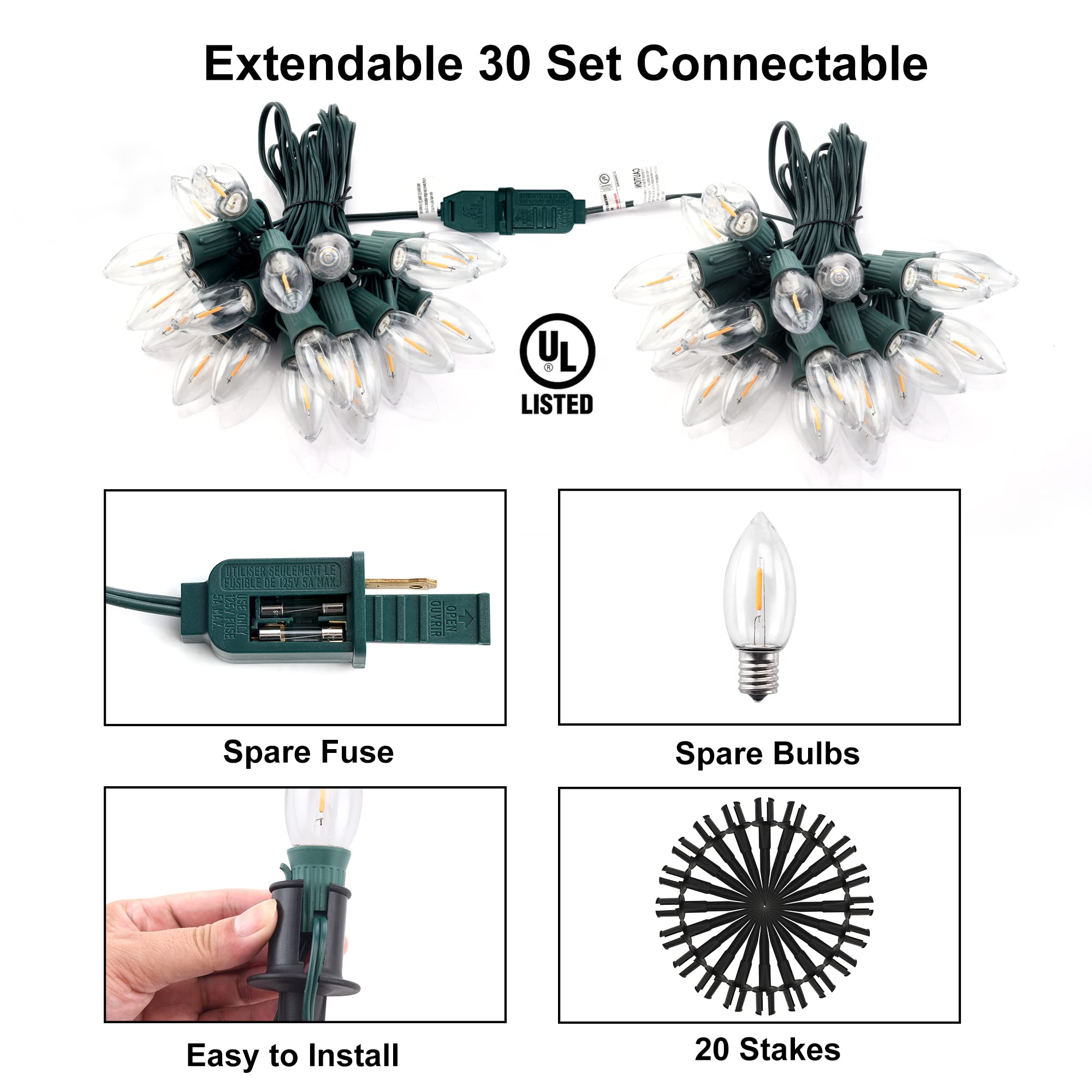 Tioriy Christmas Pathway Led Lights Outdoor, 20 Lights C9 Walkway Lights With Stakes, 24.2Ft Clear Driveway Christmas Lights For