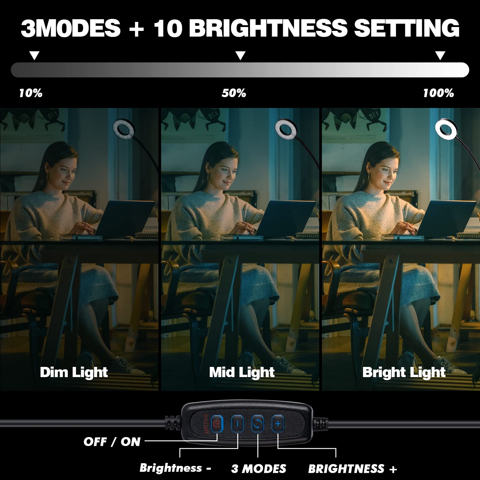 Yeegras Desk Magnifying Glass With Light 10X, Clip On Desk Light With 3 Light Color, 5W Led Desk Lamp With Clamp 10 Adjustable Brightness, Flexible Gooseneck Craft Light Desk Lamps For Home Office