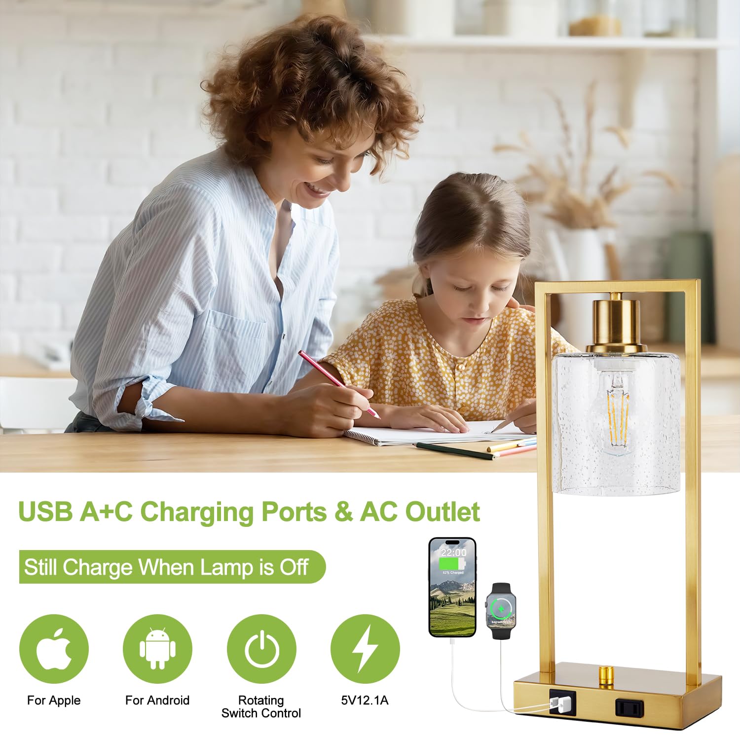 Industrial Table Lamps For Bedroom Set Of 2 - 16'' Nightstand Lamps With Usb C+A Charge Ports & Outlet, End Table Lamps Fully St