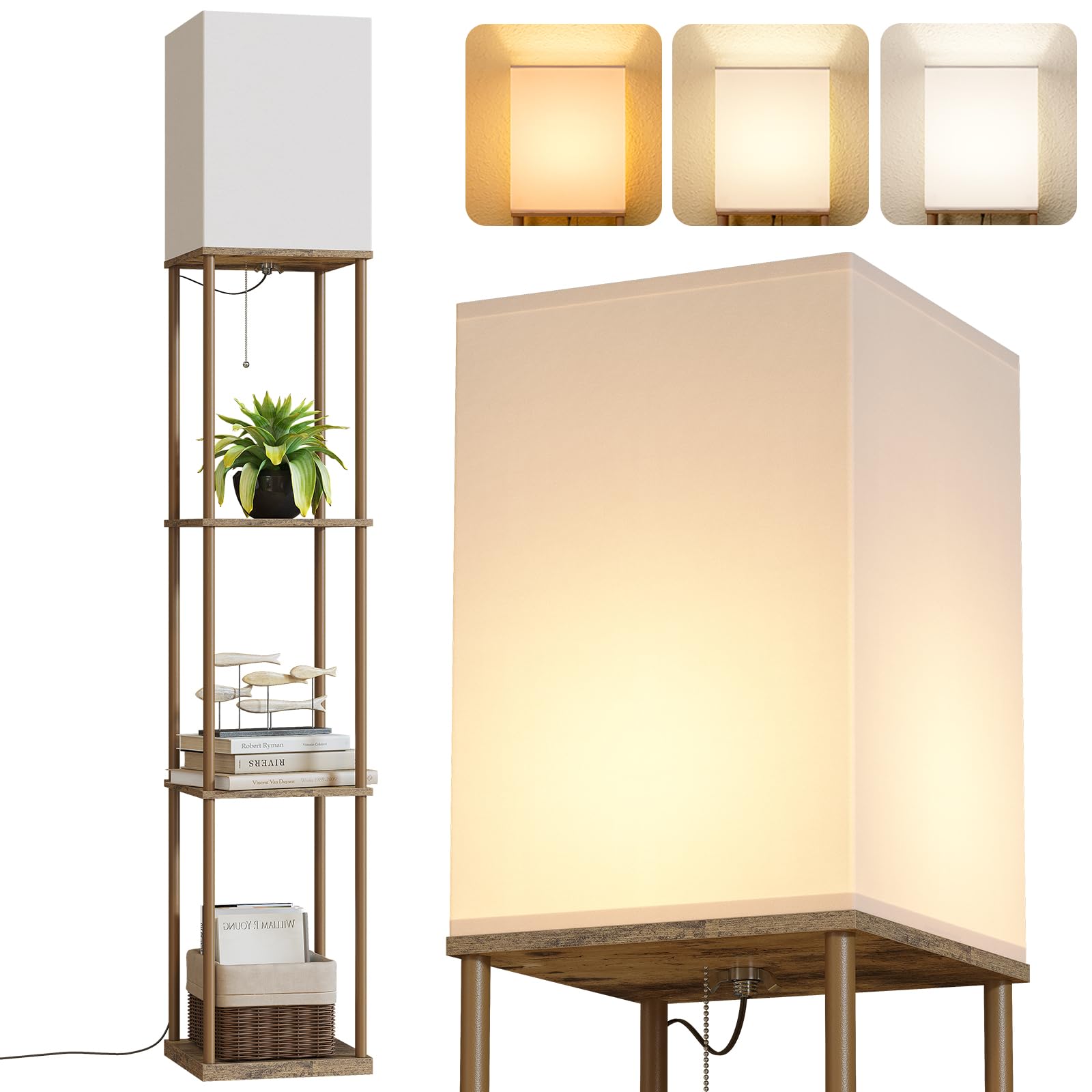SUNMORY Floor Lamp with Shelves, Modern Square Shelf Lamp, Display Shelf Standing Lamp with 3 Color Temperature Bulb, Corner Bookshelf Lamp for Living Room and Bedroom Office, Home Decor