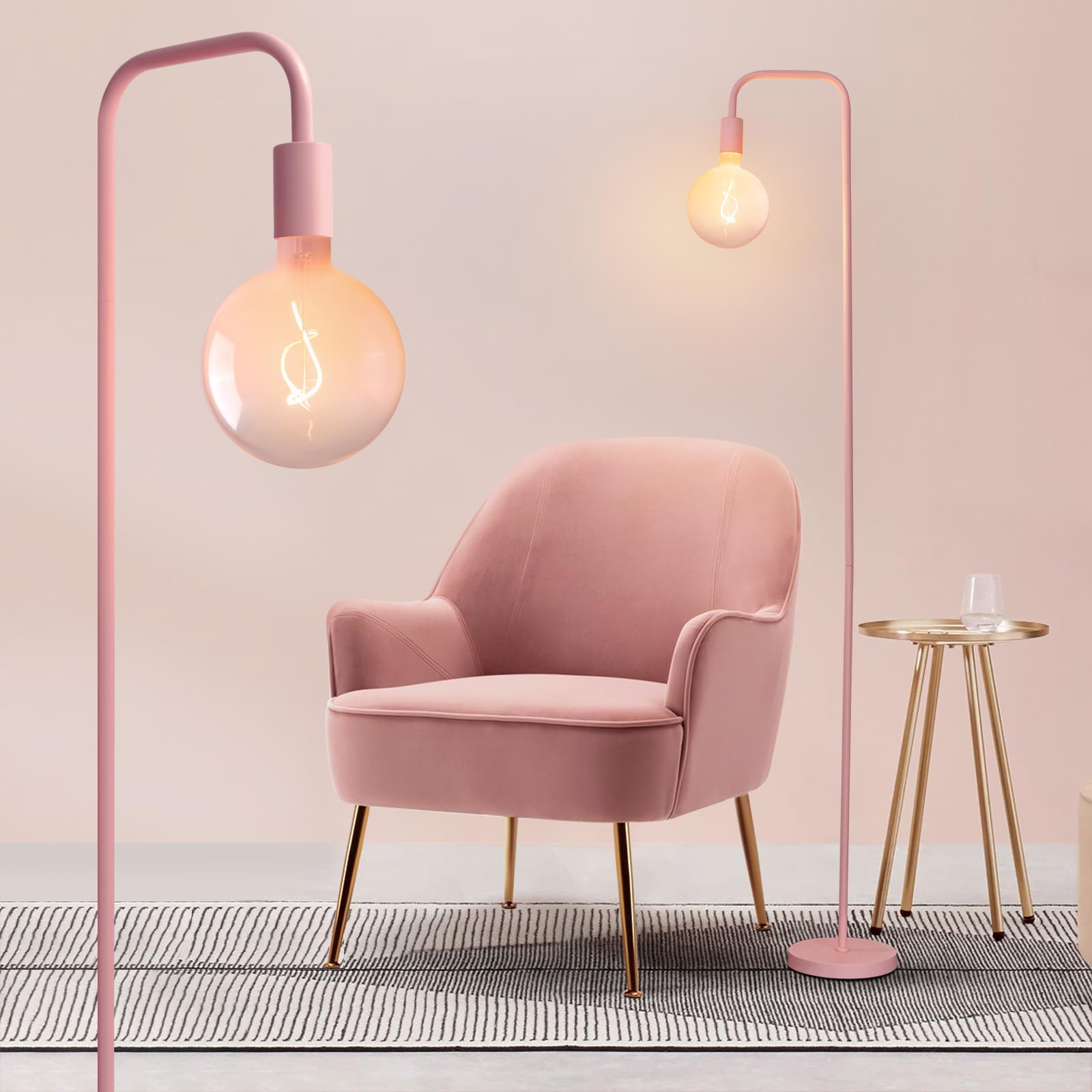ONEWISH Pink Floor Lamp for Bedroom, Cute Standing Lamp with LED Bulb, Translucent Pink Globe Glass 2700k Warm Lighting. Globe F