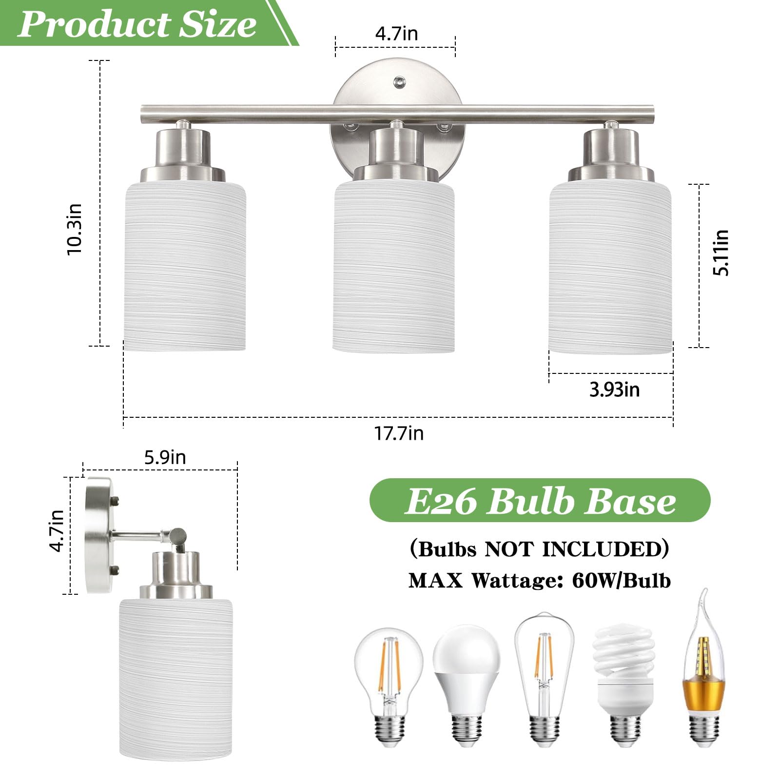 Guliaofo 3-Light Bathroom Vanity Light, Brushed Nickel Vanity Light For Bathroom, Bathroom Light With Milky White Frosted Glass