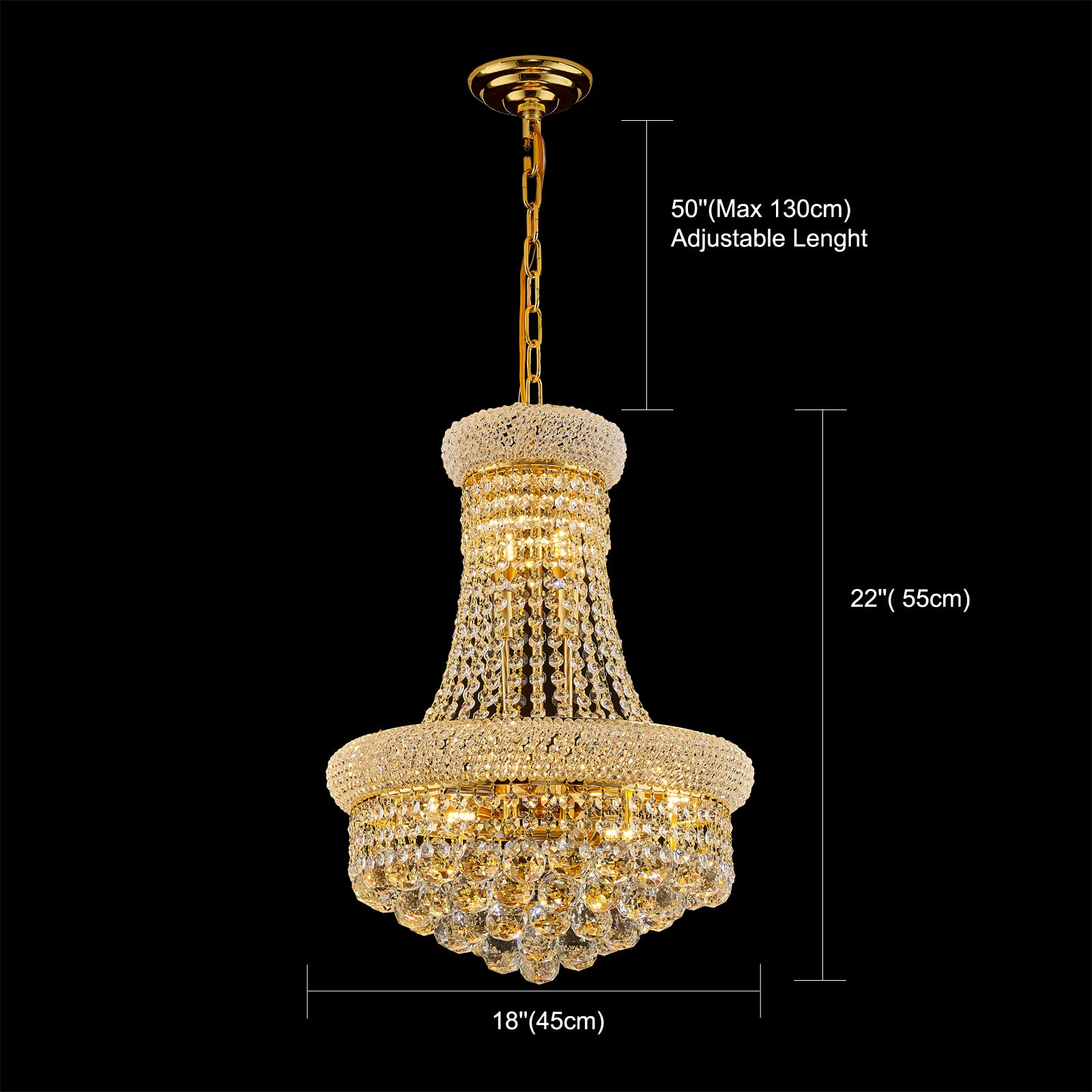 Homeooze Large Empire Crystal Chandelier, Gold Finish, 51" H x 32" W, Stainless Steel, Model CH-001 for High Ceilings and Entryways