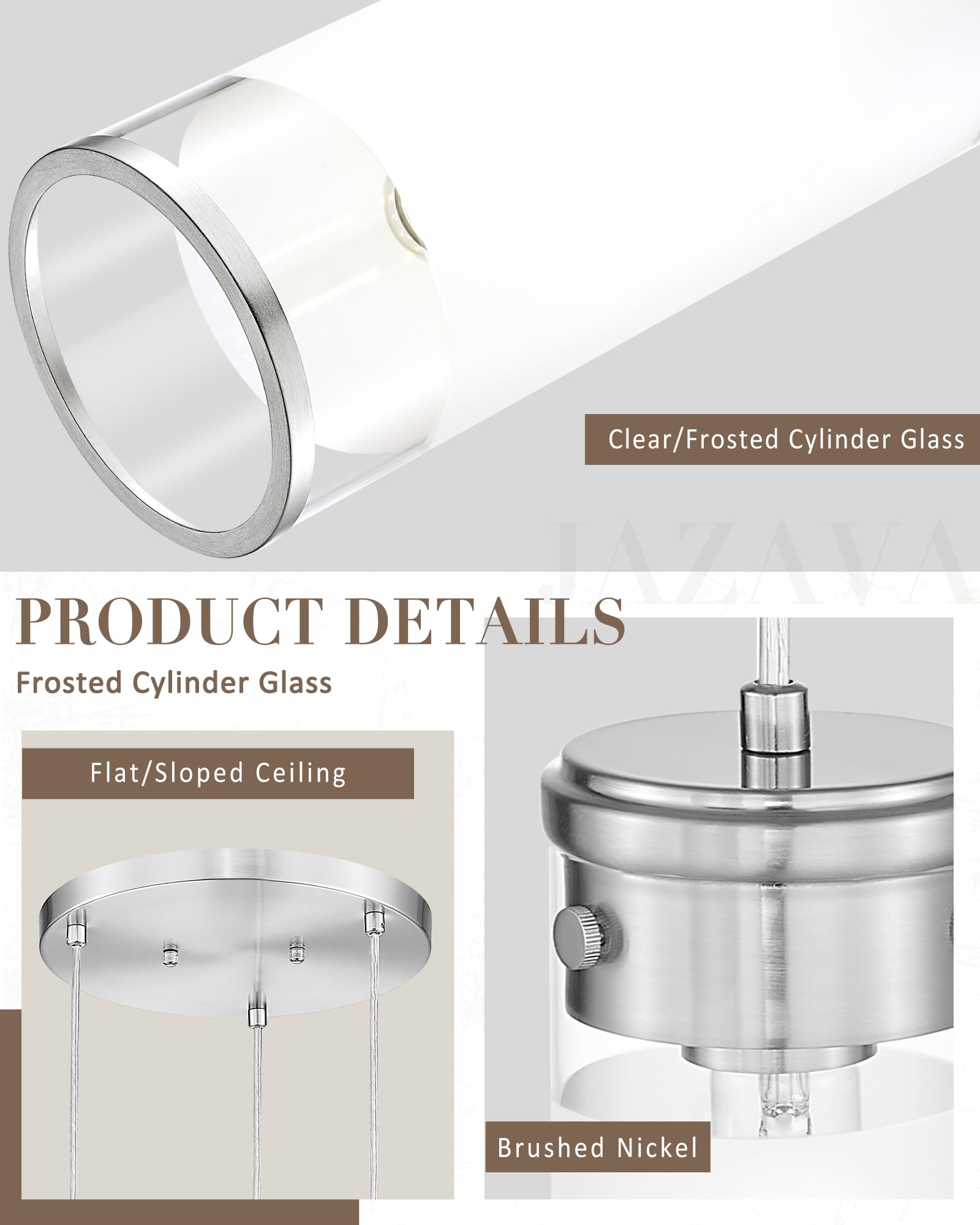 Jazava Clutster Pendant Light Fixture, Hanging Light With Brushed Nickel Finish, 3-Light Cylindrical Kitchen Island Lighting For