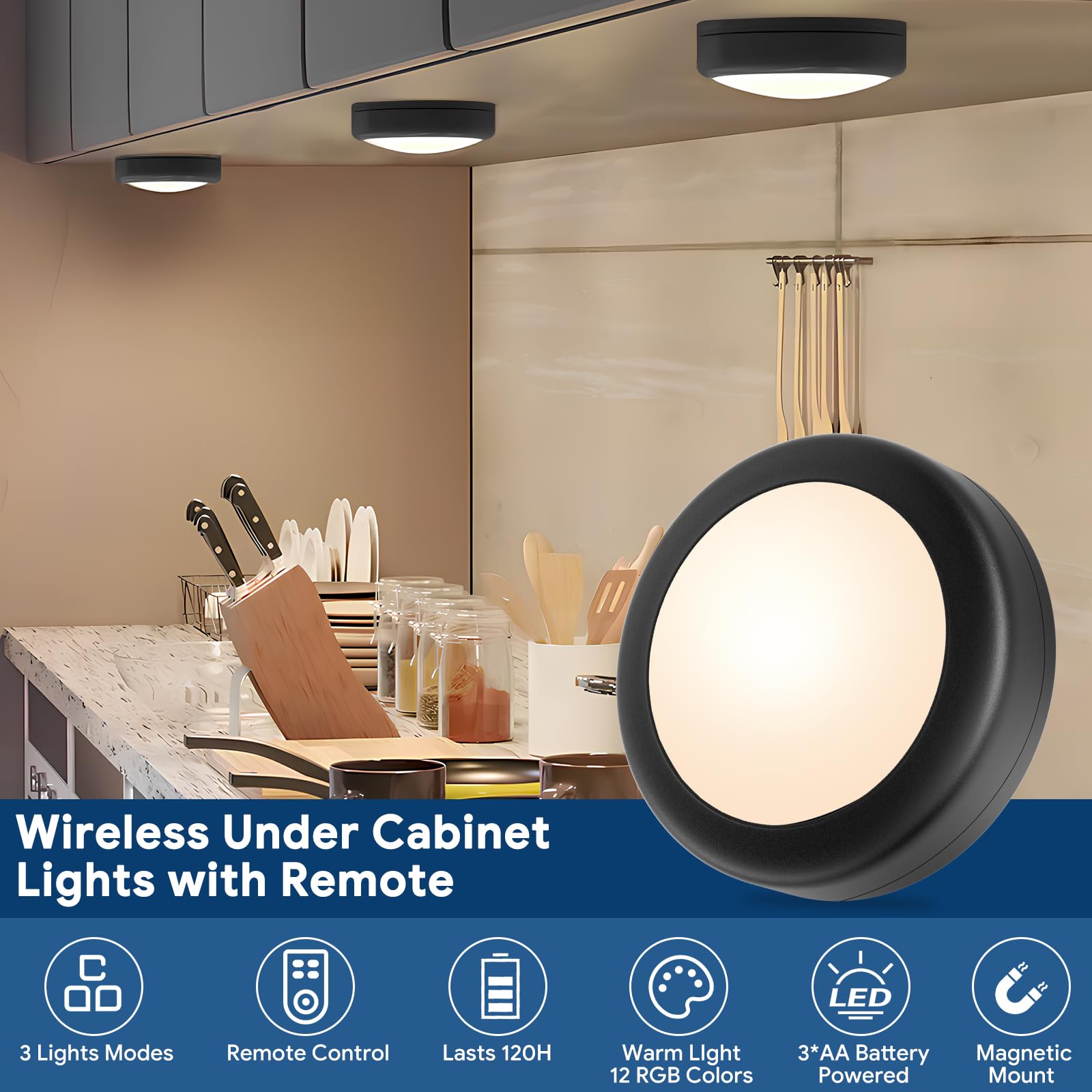 Yiliaw LED Puck Lights, Remote Control, AA Battery Operated, 12 Pack, Black-Magnetic, Under Cabinet Lighting for Kitchen