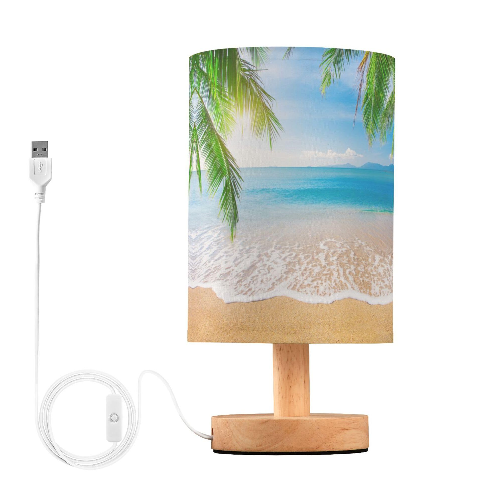 YYZZH Table Lamp Palm Leaf Tropical Beach Summer Blue Ocean Sky Nightstand Lamp with Wood Base Fabric Lamp Shade Bedside Desk La