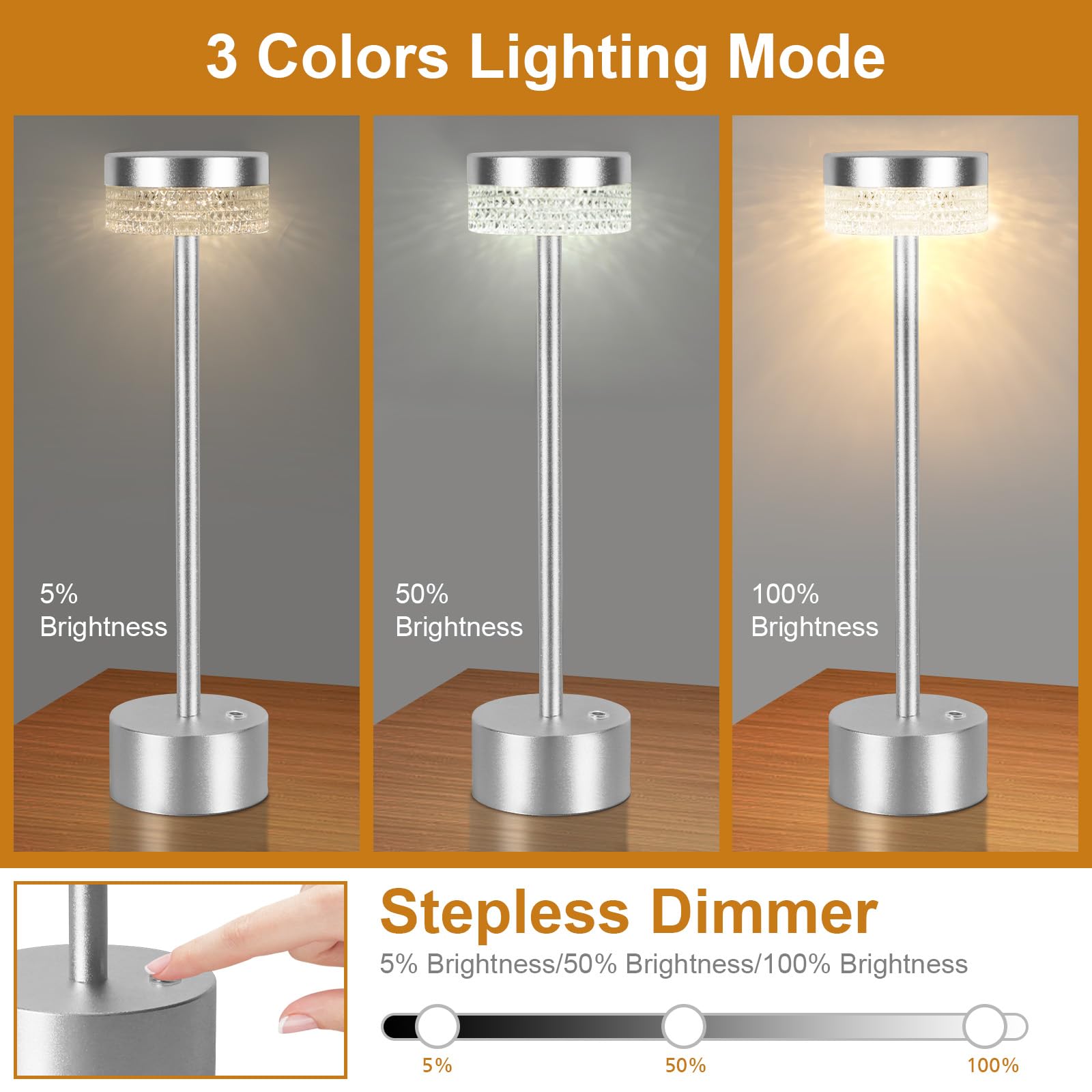 KIANDQU Cordless Modern Table Lamp, Rechargeable Battery Powered Desk Lamp, 3 Color Stepless Dimmable Led Table Lamp with USB Po