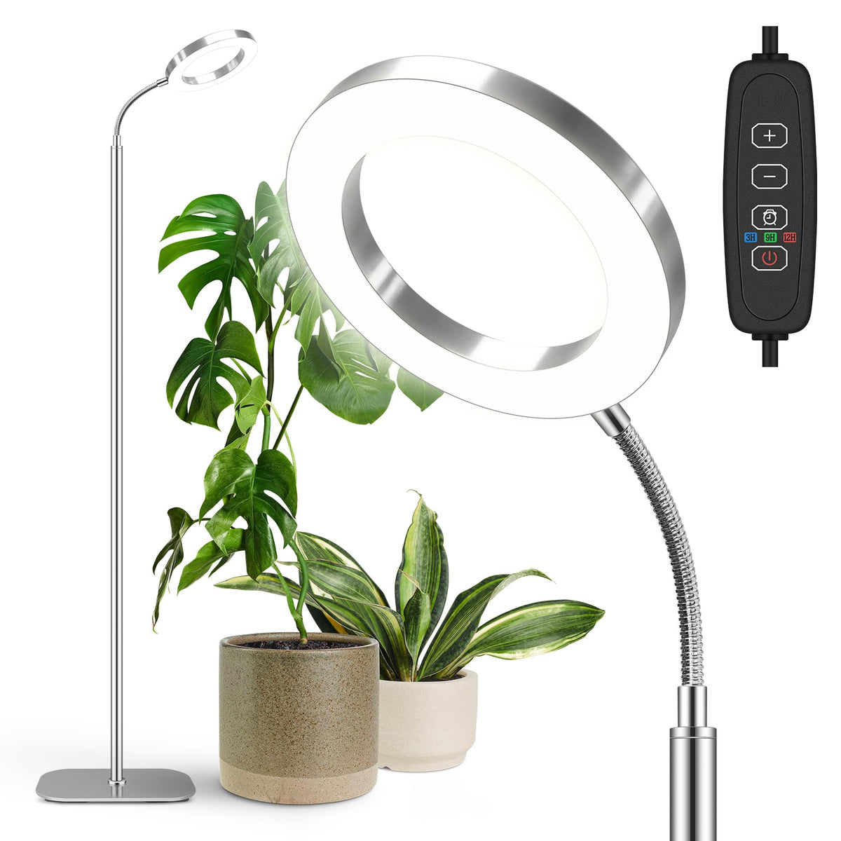 MistyJungle Grow Light for Indoor Plants, Floor Full Spectrum Plant Light with Stand,Large Growing Lamps with Automatic Timer,60 Inch Height Adjustable,10 Level Dimmable, Silver Led Halo Growth Lamp
