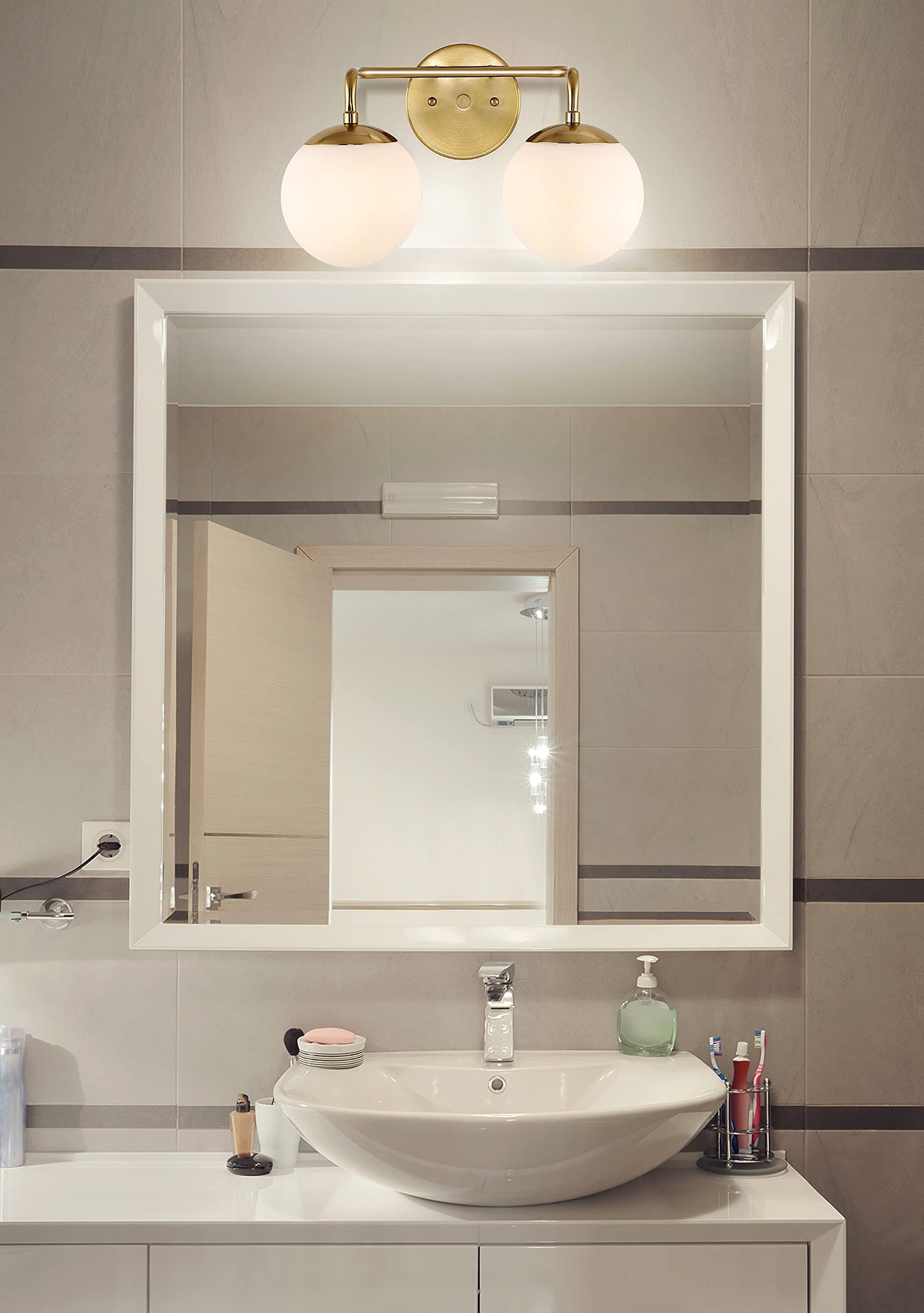 JONATHAN Y 15" 2-Light Modern LED Vanity, Brass Gold, Frosted Glass, Model JYL3535A, Ideal for Entryway, Kitchen, Bathroom, Hallway