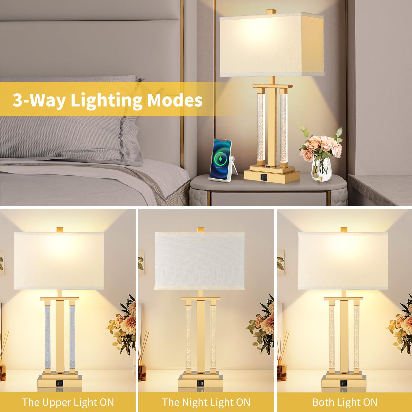 Lovlast Gold Lamps Set Of 2, 3-Way Lighting Modes Bedside Gold Lamps For Nightstand, Bedroom Table Lamps With Usb Charging Port