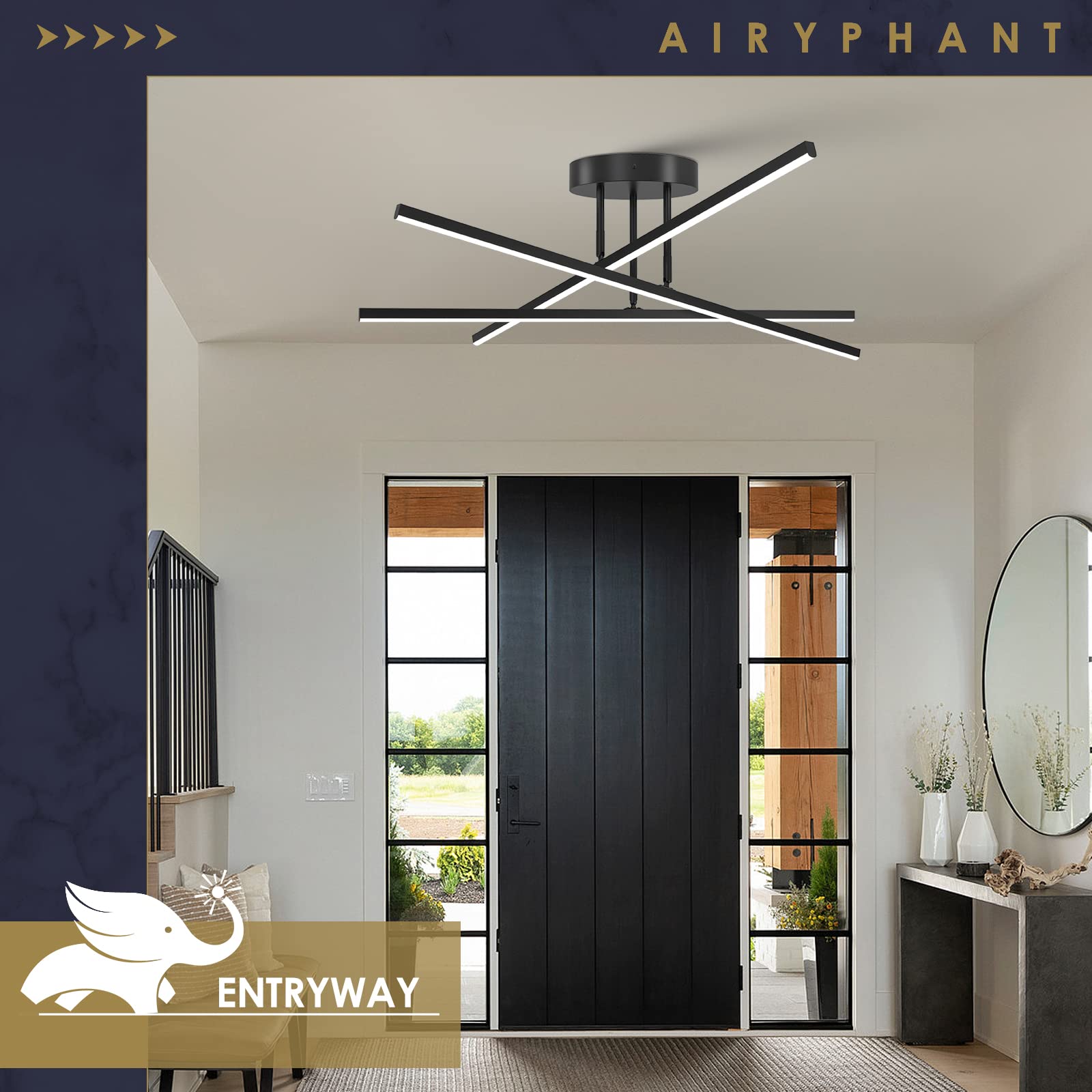Airyphant Modern Led Chandelier 18W Dimmable Black Semi Flush Mount Ceiling Light Fixture For Kitchen Dining Room Foyer Entry, 2