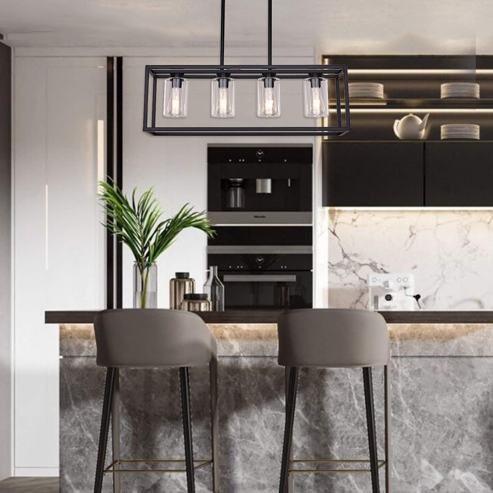 Xilicon 4-Light Black Linear Pendant Chandelier With Glass Shades For Kitchen Island & Cafe