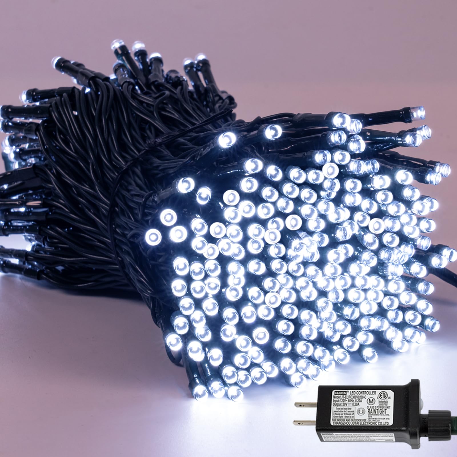 YEGUO 200 LED Christmas Lights, Waterproof Twinkle String Lights, 66ft Green Wire, White, Model JT-EL/FC300V0200-C