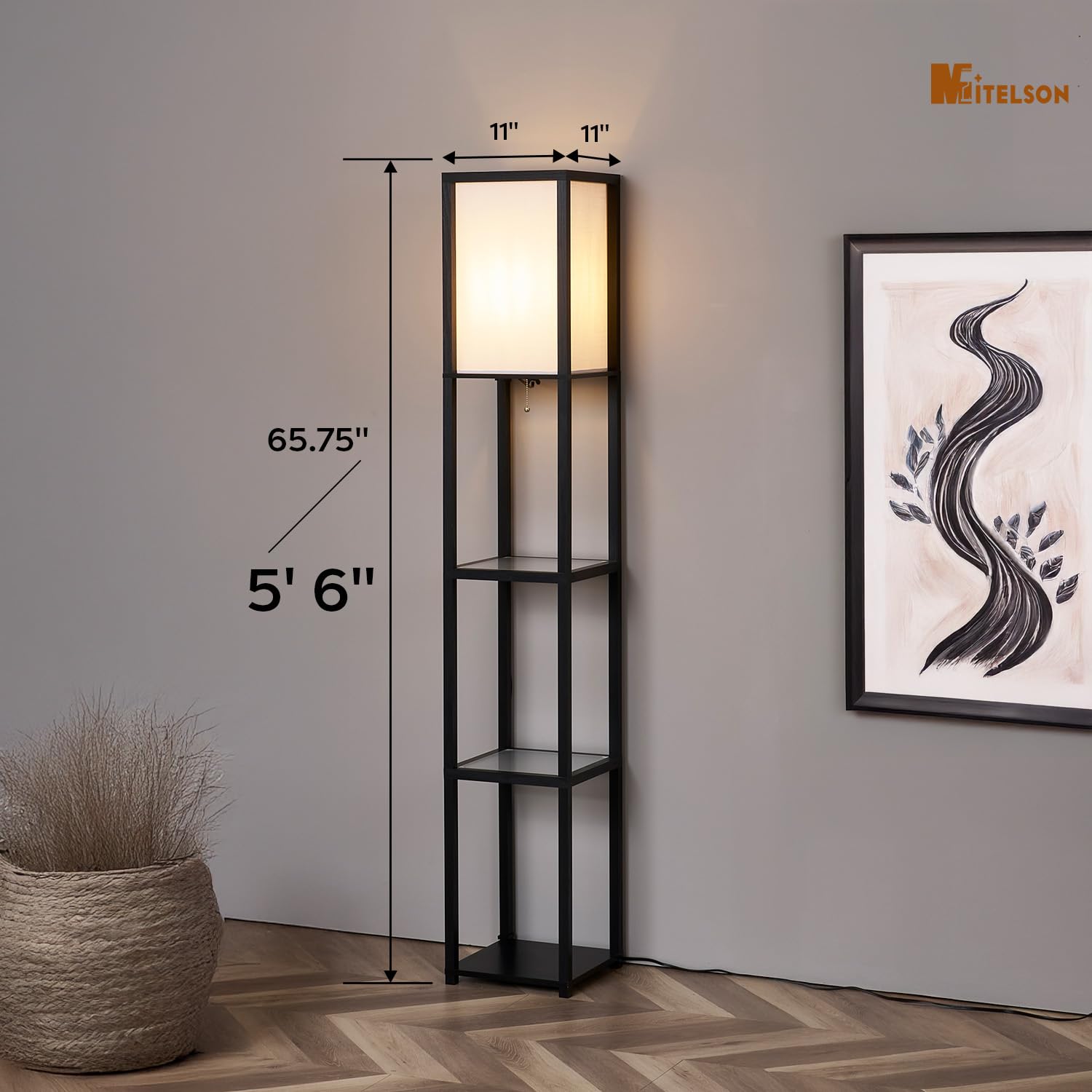 Mitelson Floor Lamp With Shelves, Modern Square Standing Lamp With Glass Shelves, Corner Display Shelf With Light, Tall Lamp Wit