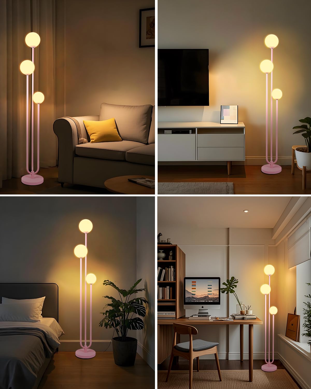 Lightdot 63In Pink Floor Lamp Mid Century Modern Floor Lamp With 3 Globe Soft Warm White 3000K Bulbs, 3 Lights U-Style Standing