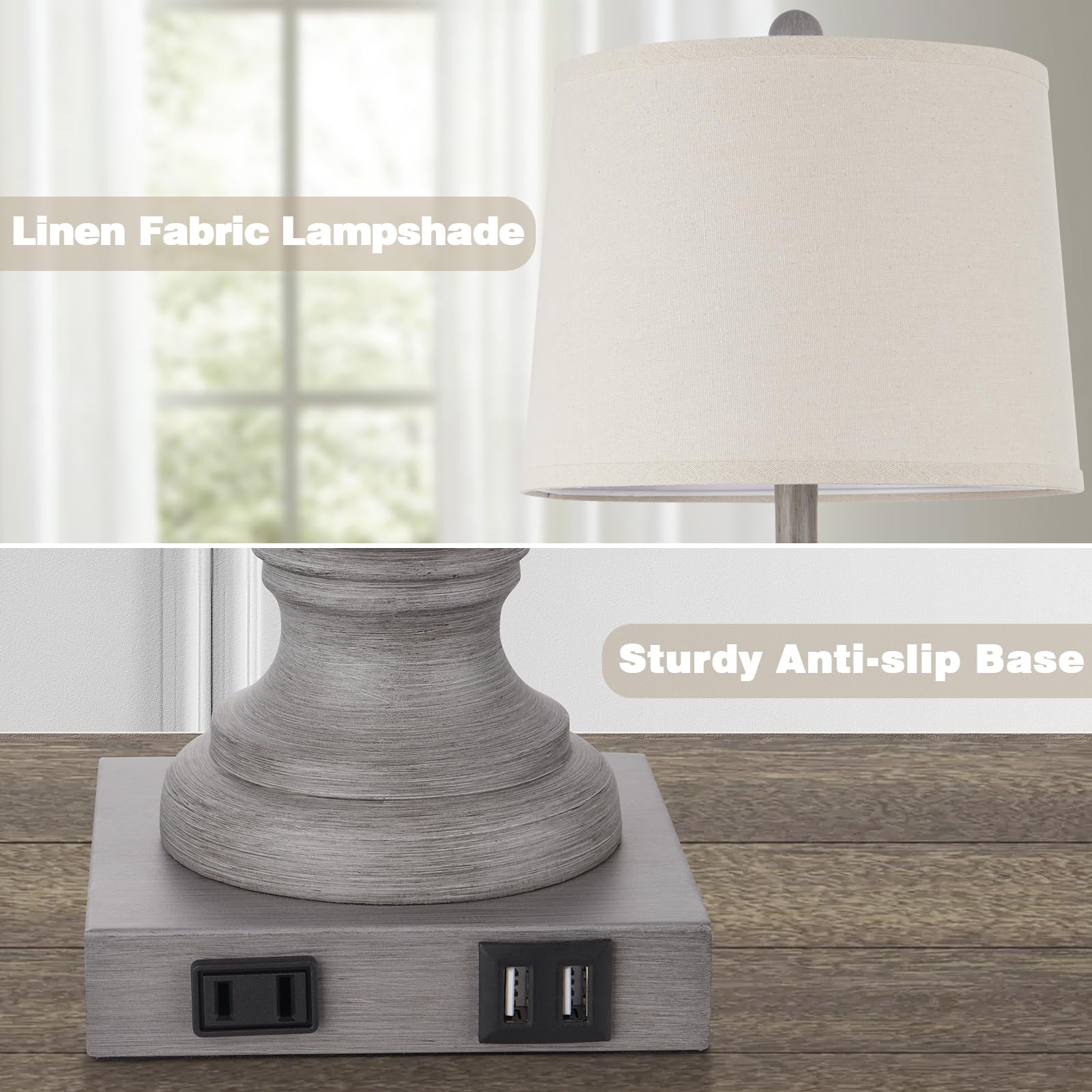 Farmhouse Table Lamps For Living Room, Rustic 26'' Touch Control Bedside Lamps With Usb A+C Charging Ports & Ac Outlet, Vintage