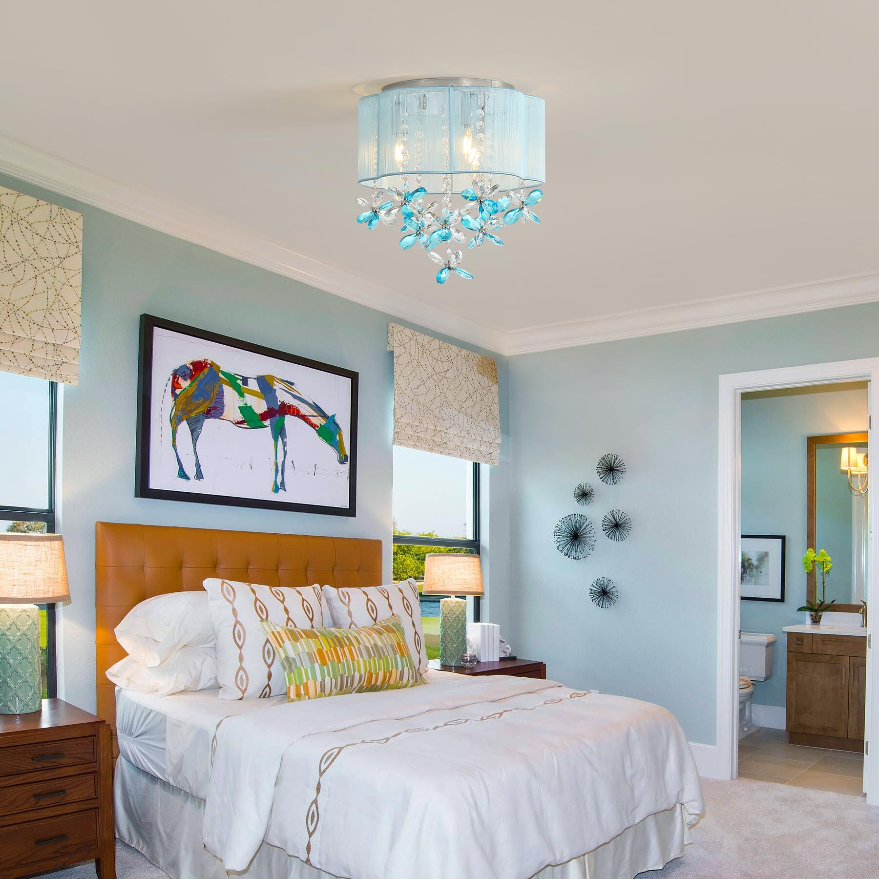 3 Light Bedroom Chandelier Ceiling Light Costal 13'' Small Crystal Chandelier Flush Mount Beach Vibe Light With Handmade Flower