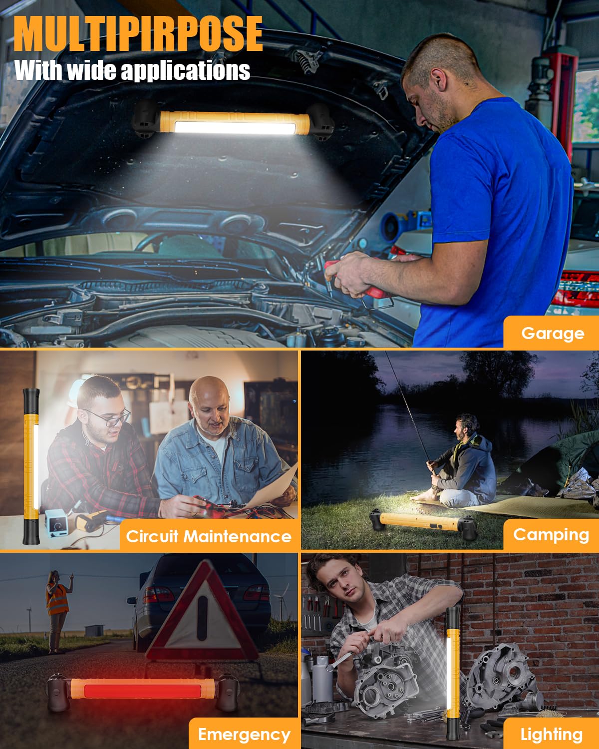 aboutool LED Work Light 3000LM, Rechargeable Underhood Mechanic Light, Magnetic Base, Rubber, Model GZD-SCK-Y01, 1 PC