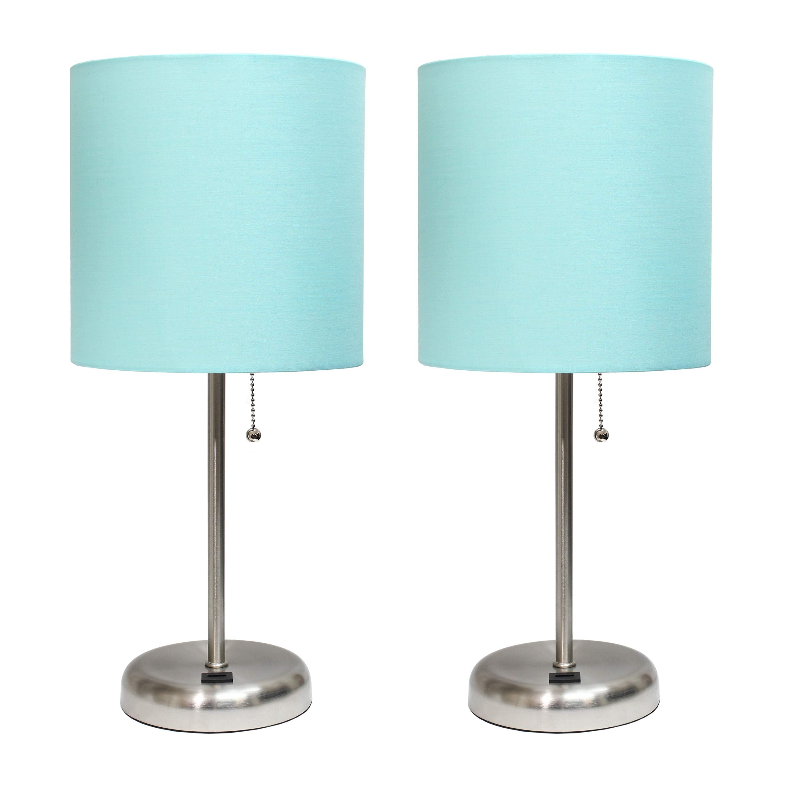 Simple Designs Lc2002-Aqu-2Pk Brushed Steel Stick Table Lamp Set With Usb Charging Port And Aqua Fabric Shades, 2 Pack Set