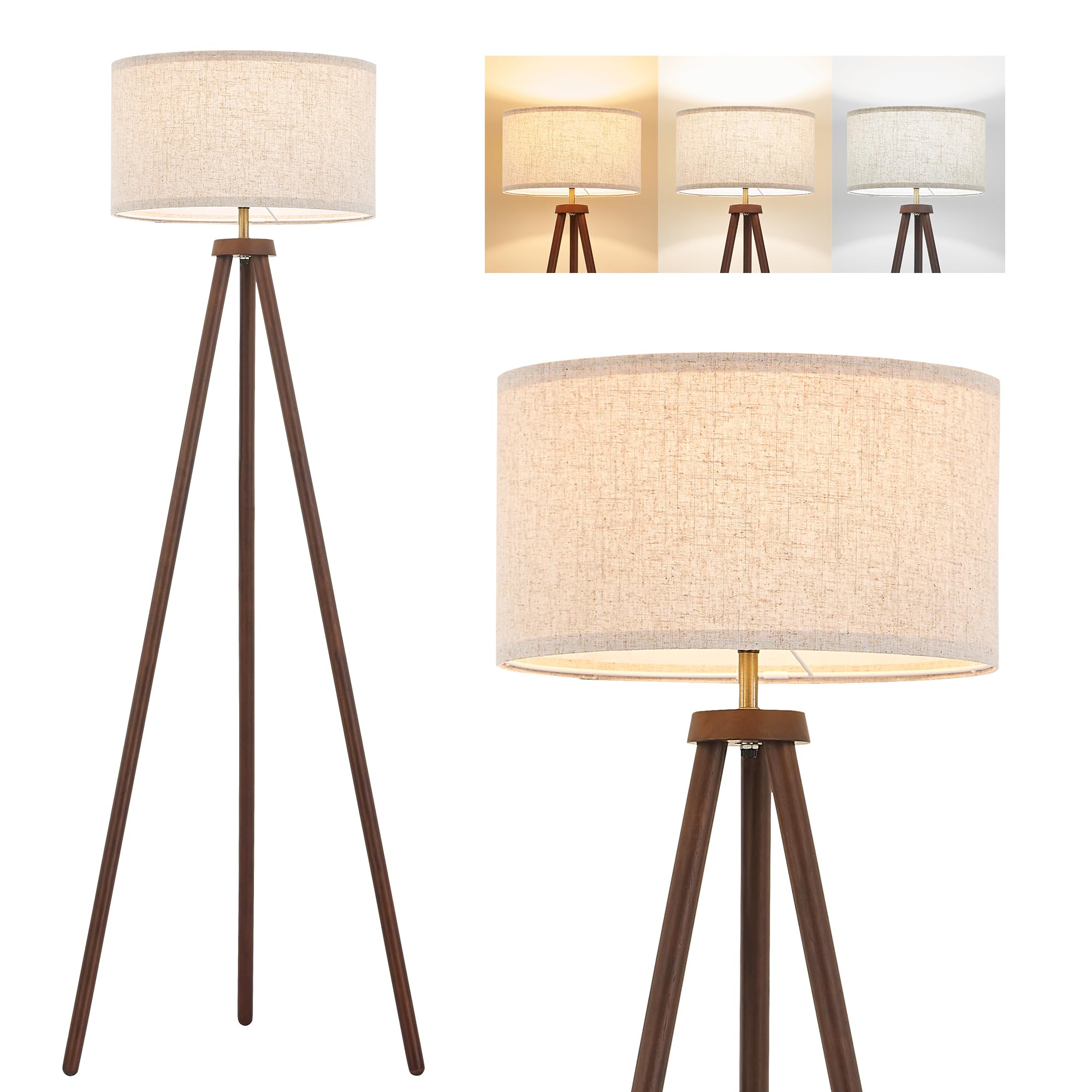 Elyona Wood Tripod Floor Lamp Brushed Brass Metal & 3 Color Temperatures Led Bulb Vintage Wooded Standing Lamp Industrial Tall L