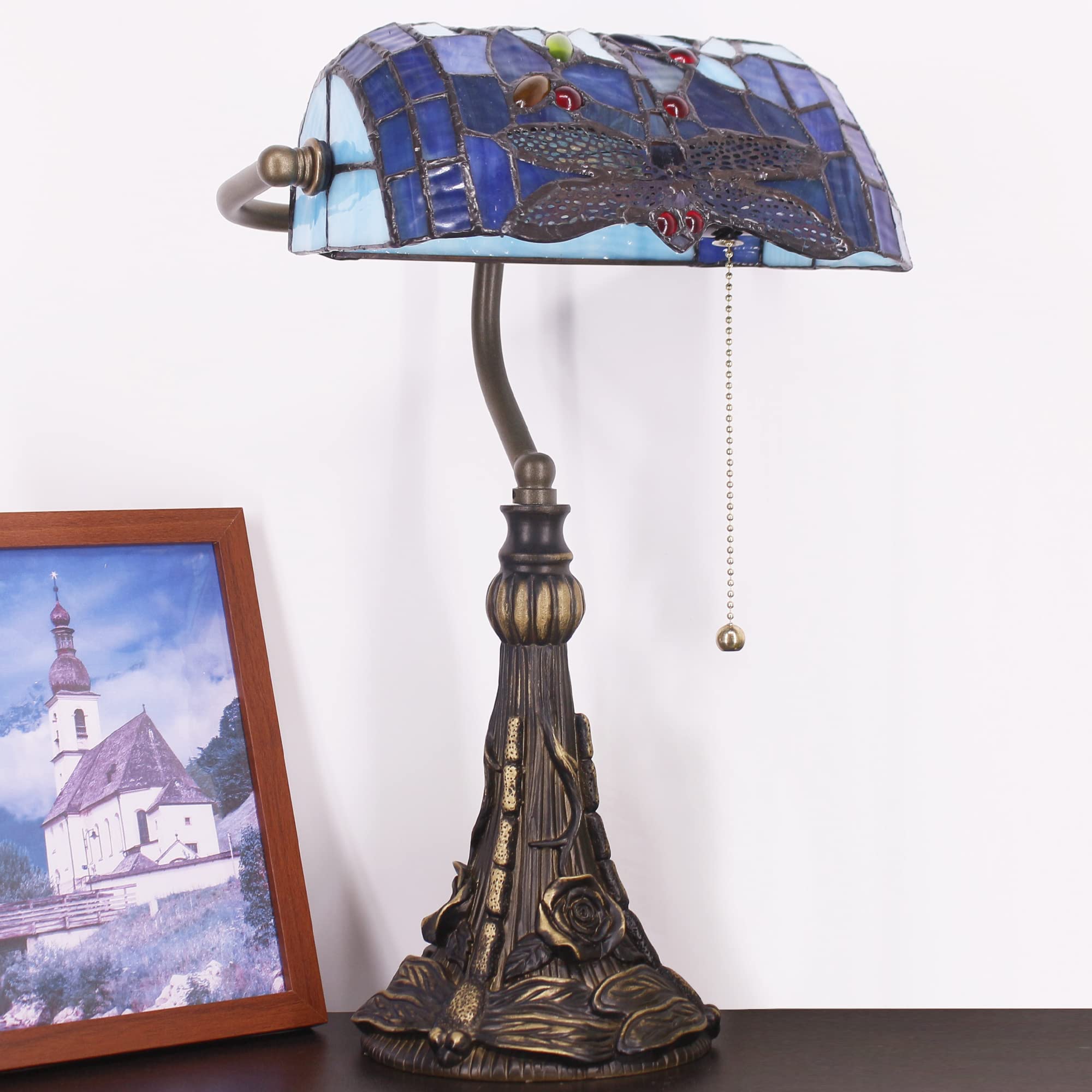 Tiffany Banker Lamp Small Stained Glass Table Lamp Tiffany Style Piano Light Navy Blue Dragonfly Style Desk Lamp Angle Adjustabl