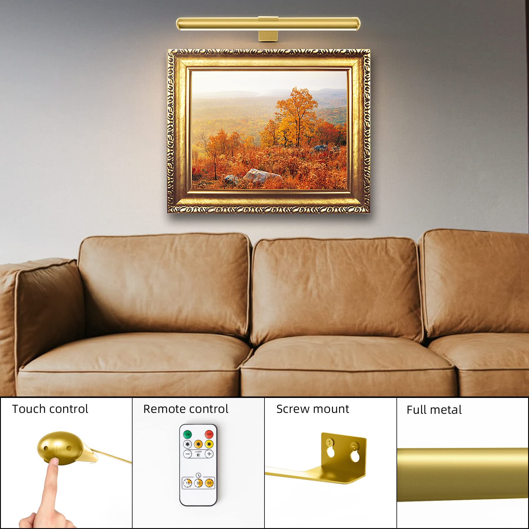 TINTINDOC 16'' Picture Light - Rechargeable LED Art Display Light, Dimmable 300LM, Full Metal, Gold Finish, Model YM-TY
