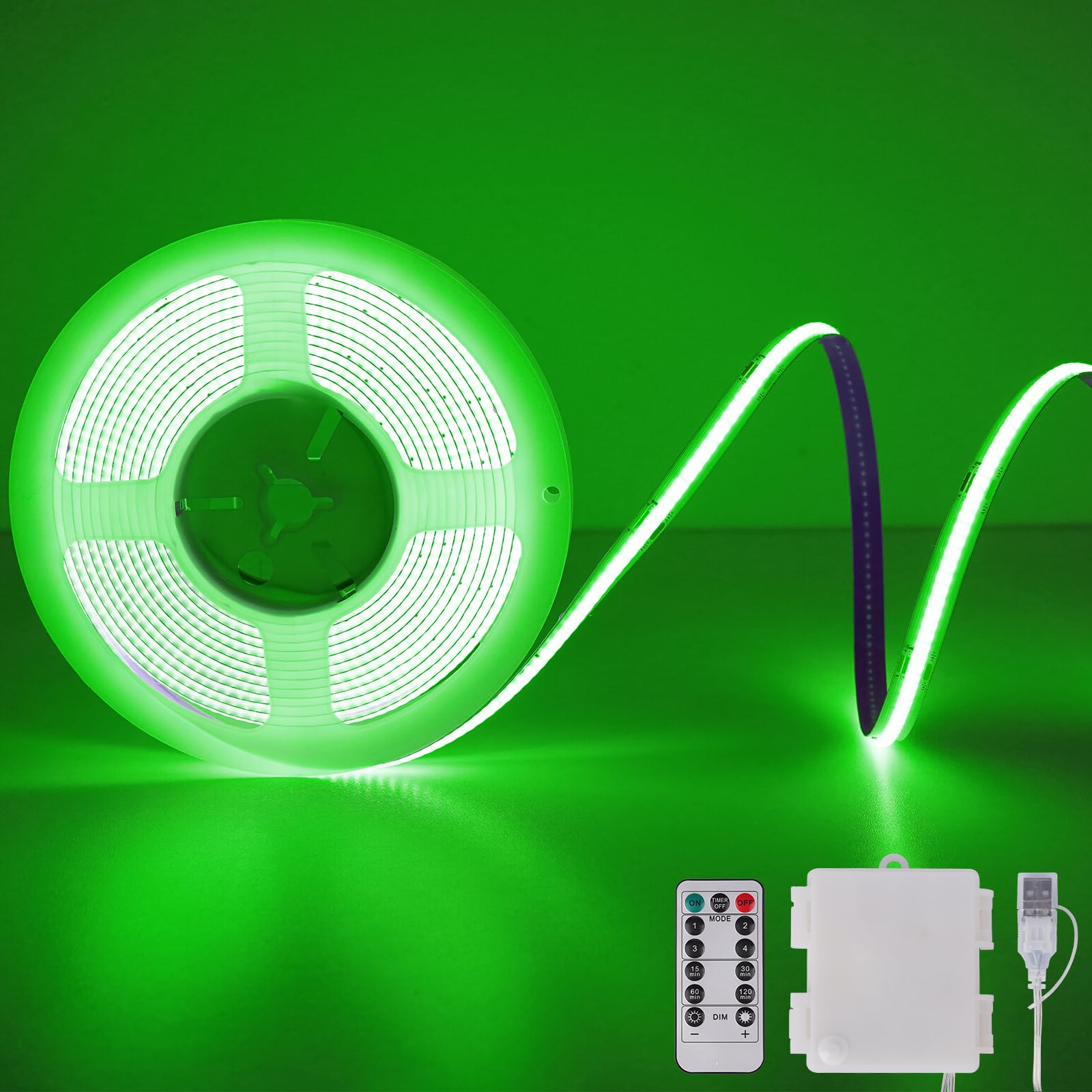 Green COB LED Band Lights Battery Powered with Remote  6.56FT 640LED Light Band Dimmable Cuttable Flexible Wireless LED Tape Light for Cabinet  Boat  Car  Computer  TV backlighting  Holidays Party