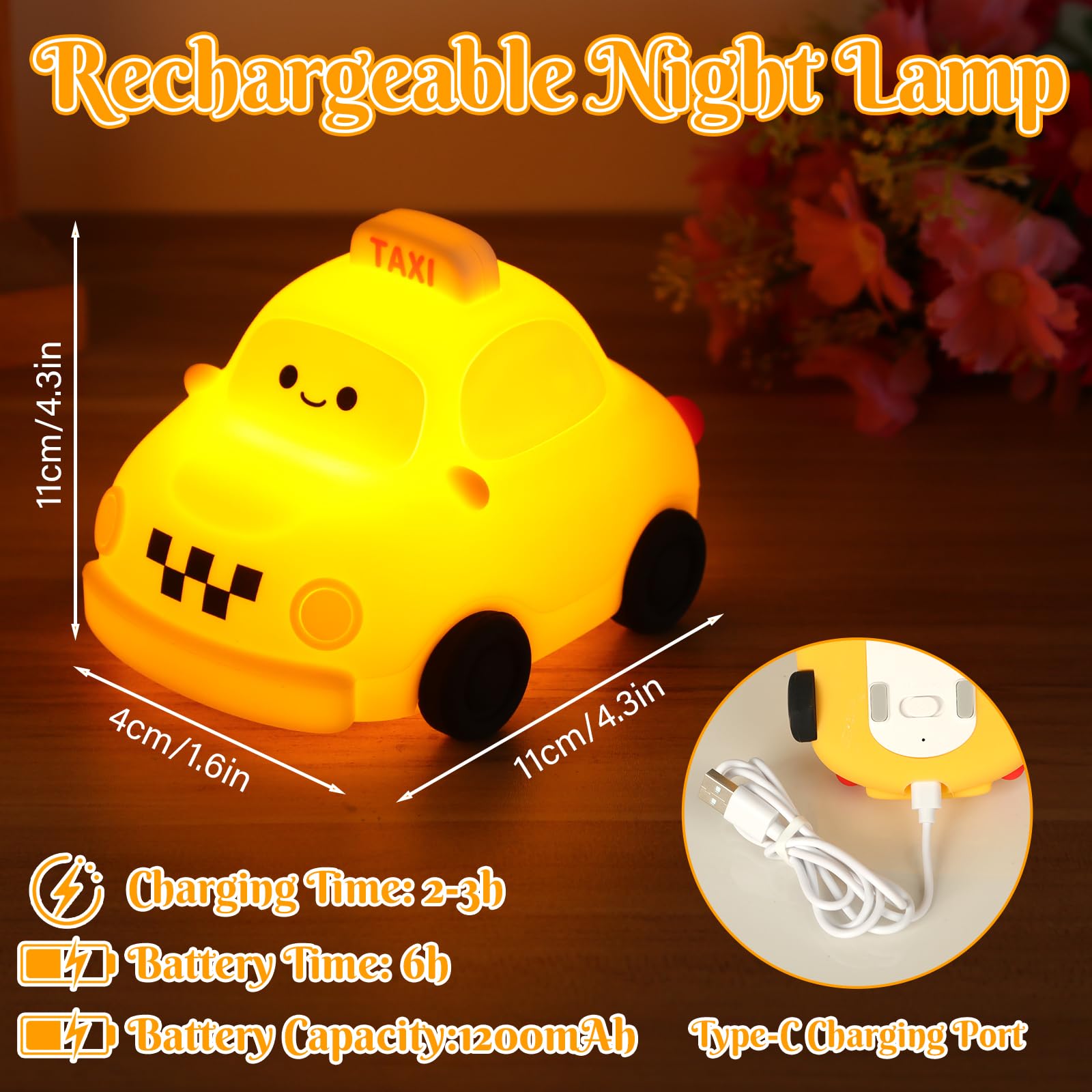Car Night Light For Kids, 3 Level Led Dimmable Lamp With Soft Touch, Rechargeable Nightlight For Kids Room, Cute Silicone Nurser