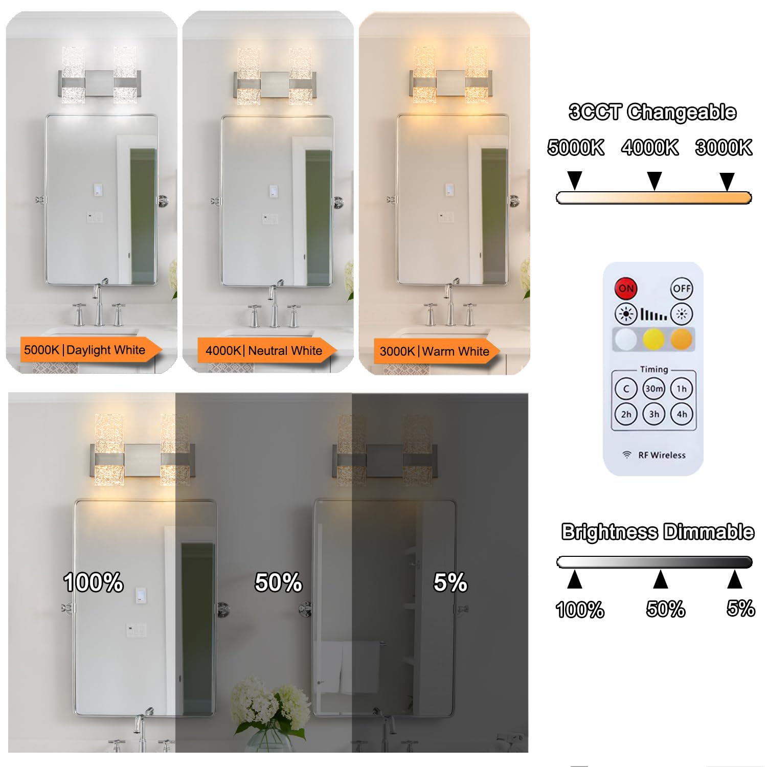 Ditoon Modern Bathroom Vanity Light, 4-Light LED, Brushed Nickel, Hardwired, Model DX23073V4-NK-M, Size: H9.25in L13.78