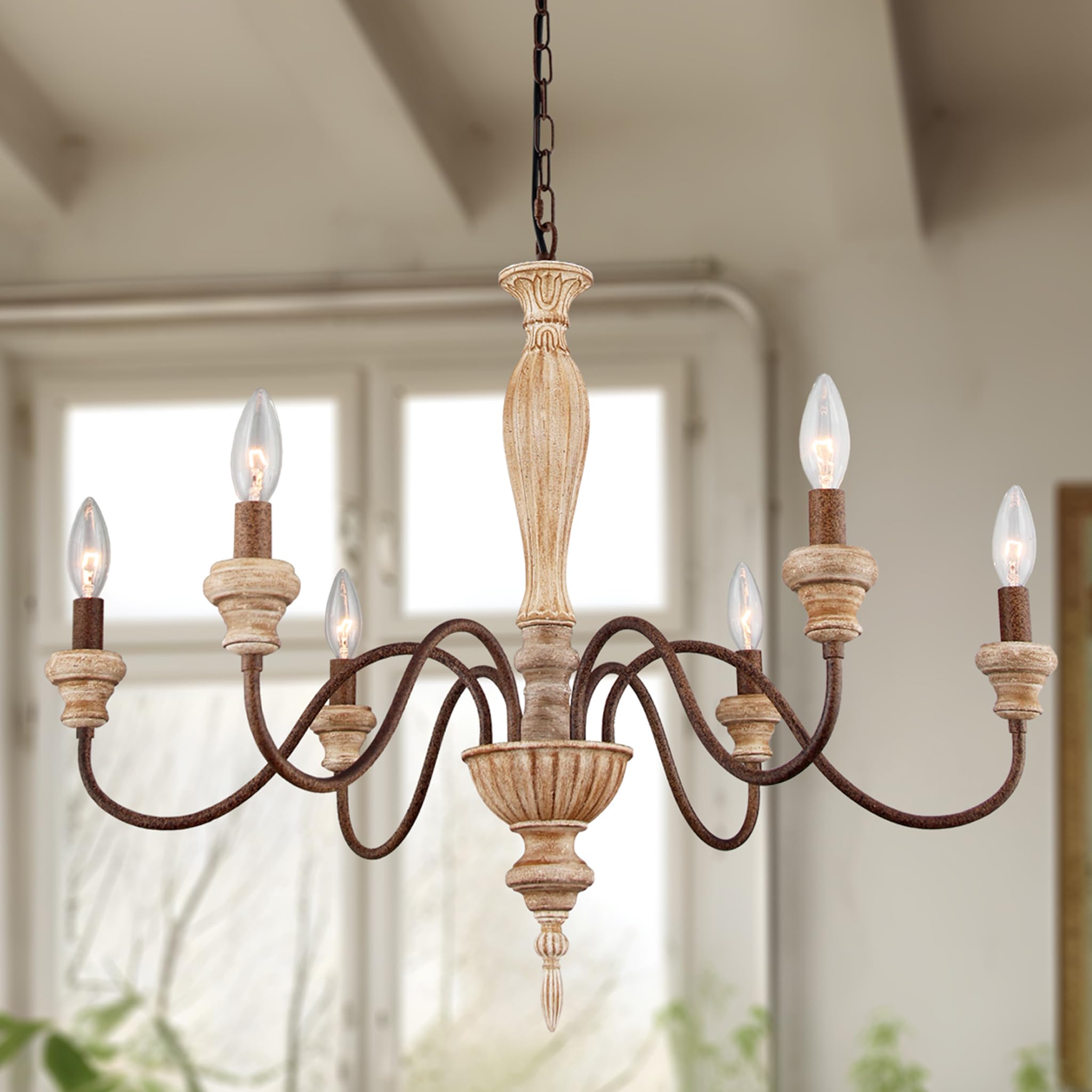 Fminlla French Country Chandelier  Farmhouse 6-Lights Vintage Rustic Candle Style Chandelier Light Fixture  Retro Handmade Distressed Wood Chandelier for Dining Room  Living Room  Bedroom  E12