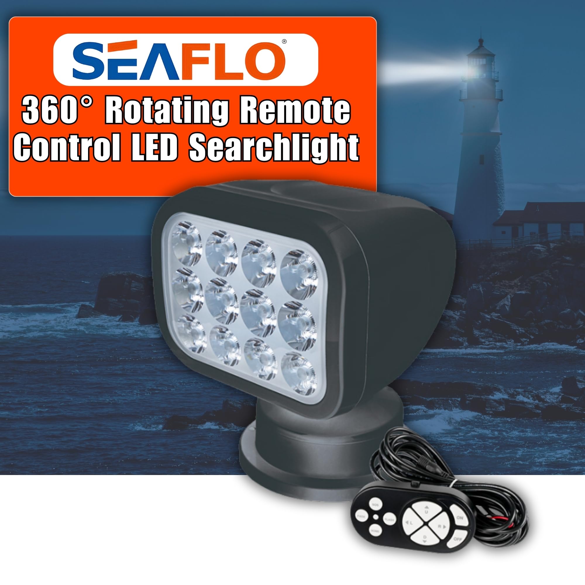 SEAFLO 360° Rotating LED Searchlight, 10-30V, IP66 Waterproof, Warm Light 2700K, Black, Model SFSL-2700Y-01B