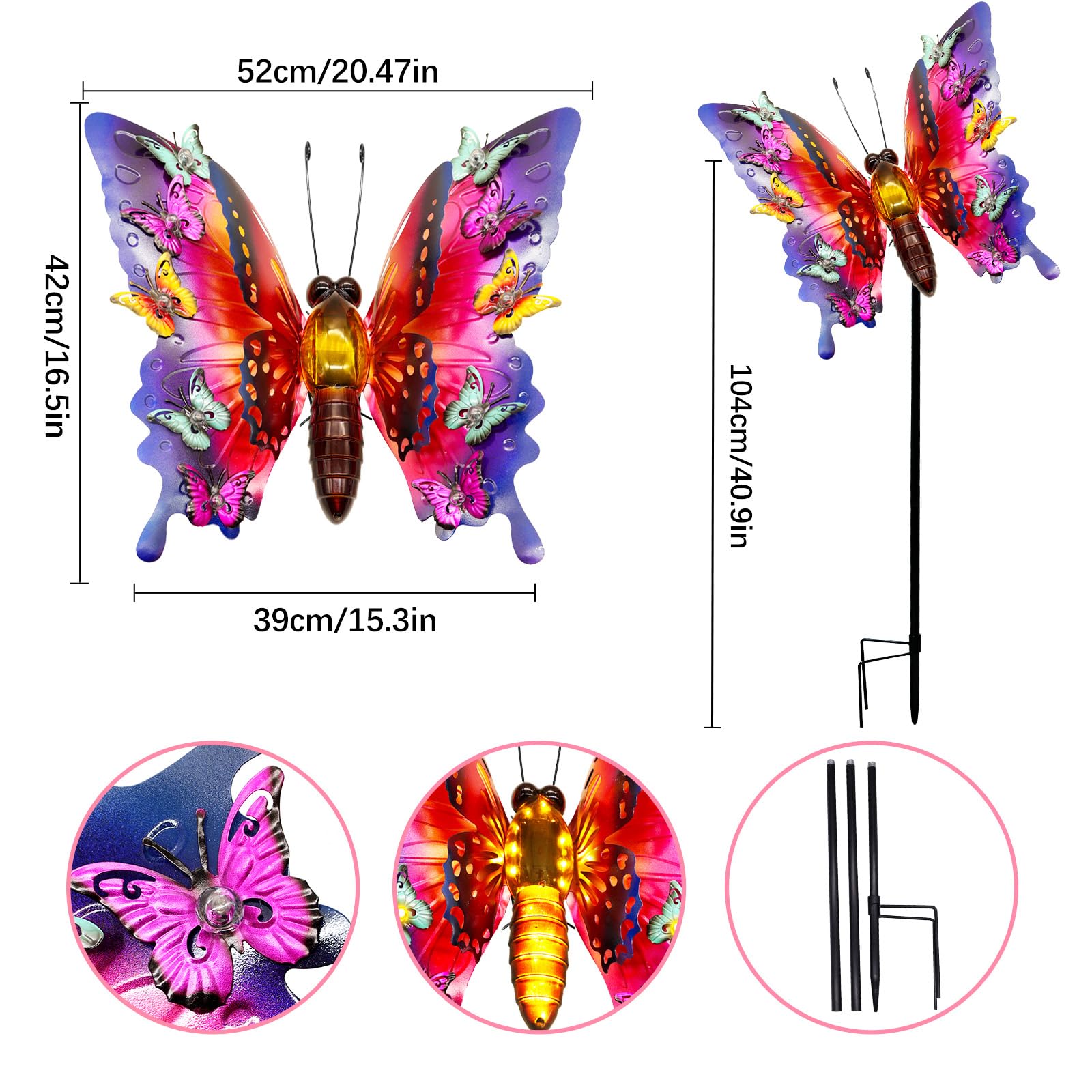 ANGMLN Solar Garden Lights - 41" Purple Metal Butterfly Decor, Waterproof Outdoor Lighting for Patio, Yard, Birthday Gifts