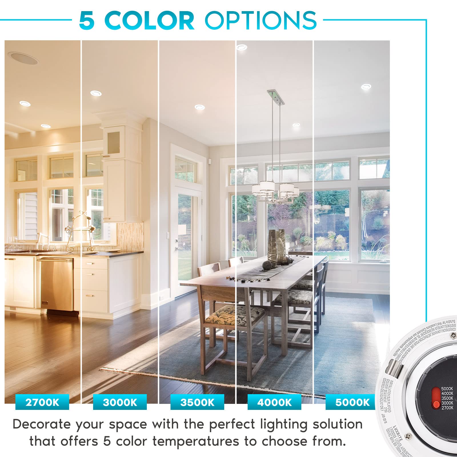 Luxrite 16-Pack 4 Inch Gimbal Led Recessed Lighting Can Lights, 8W=60W, 5 Color Selectable 2700K-5000K, Cri 90, Dimmable Adjusta
