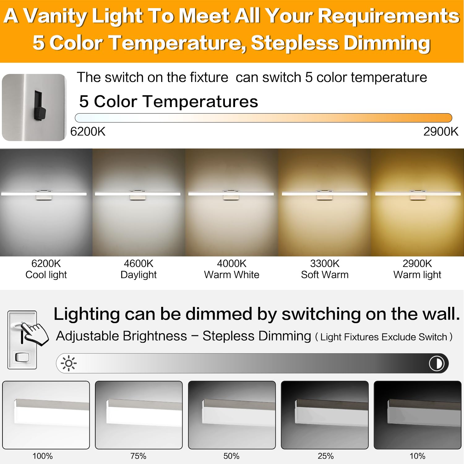 SOLFART Bathroom Light Fixture, 39.4 Inch, 5 Color Temperature, Dimmable, Brushed Nickel, Model 8778-1020MM-NK-5CCT