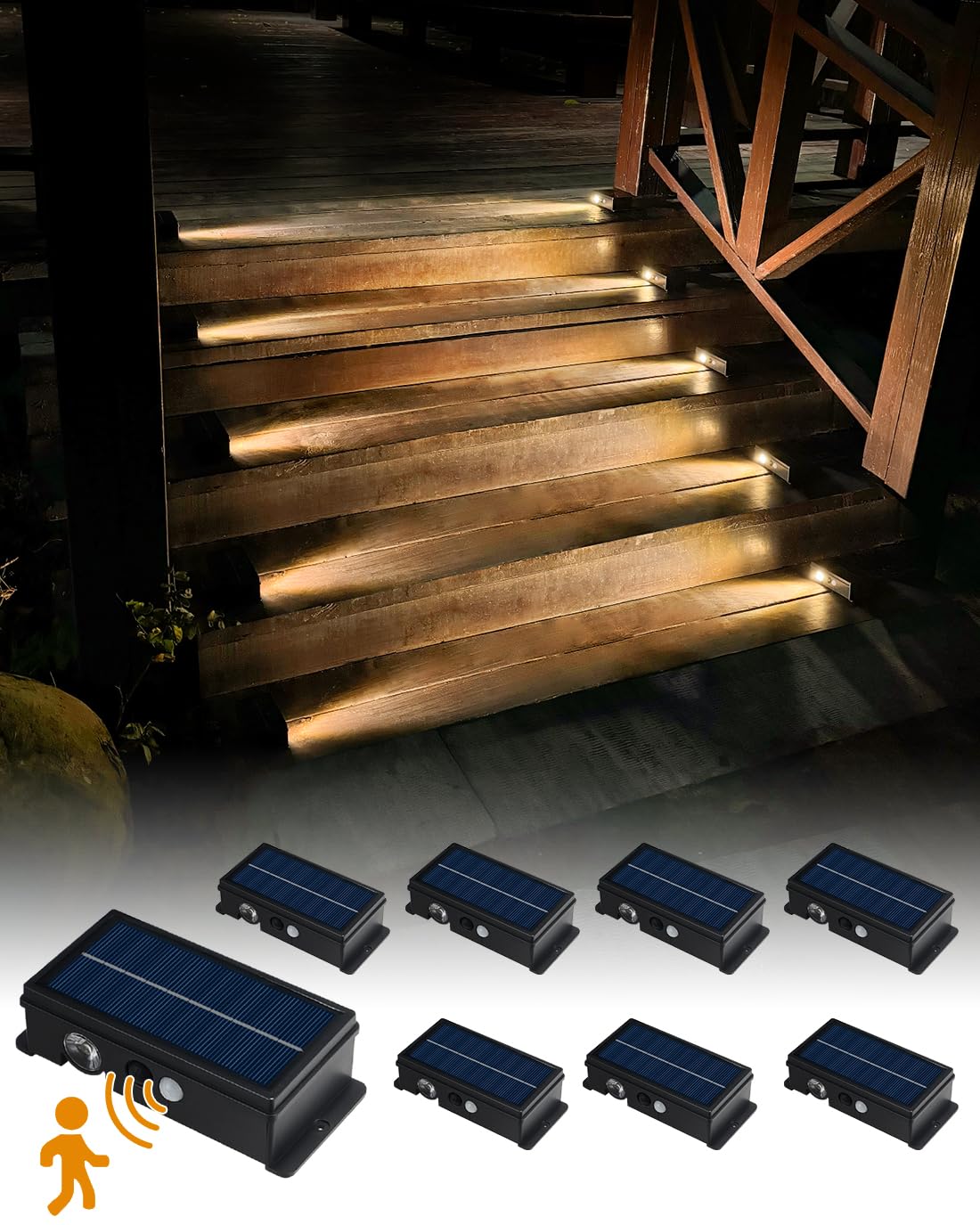 Solar Step Lights For Outside Motion Sensor Solar Pathway Light Outdoor Waterproof 5 Modes For Stair, Deck Warm White 8 Pack