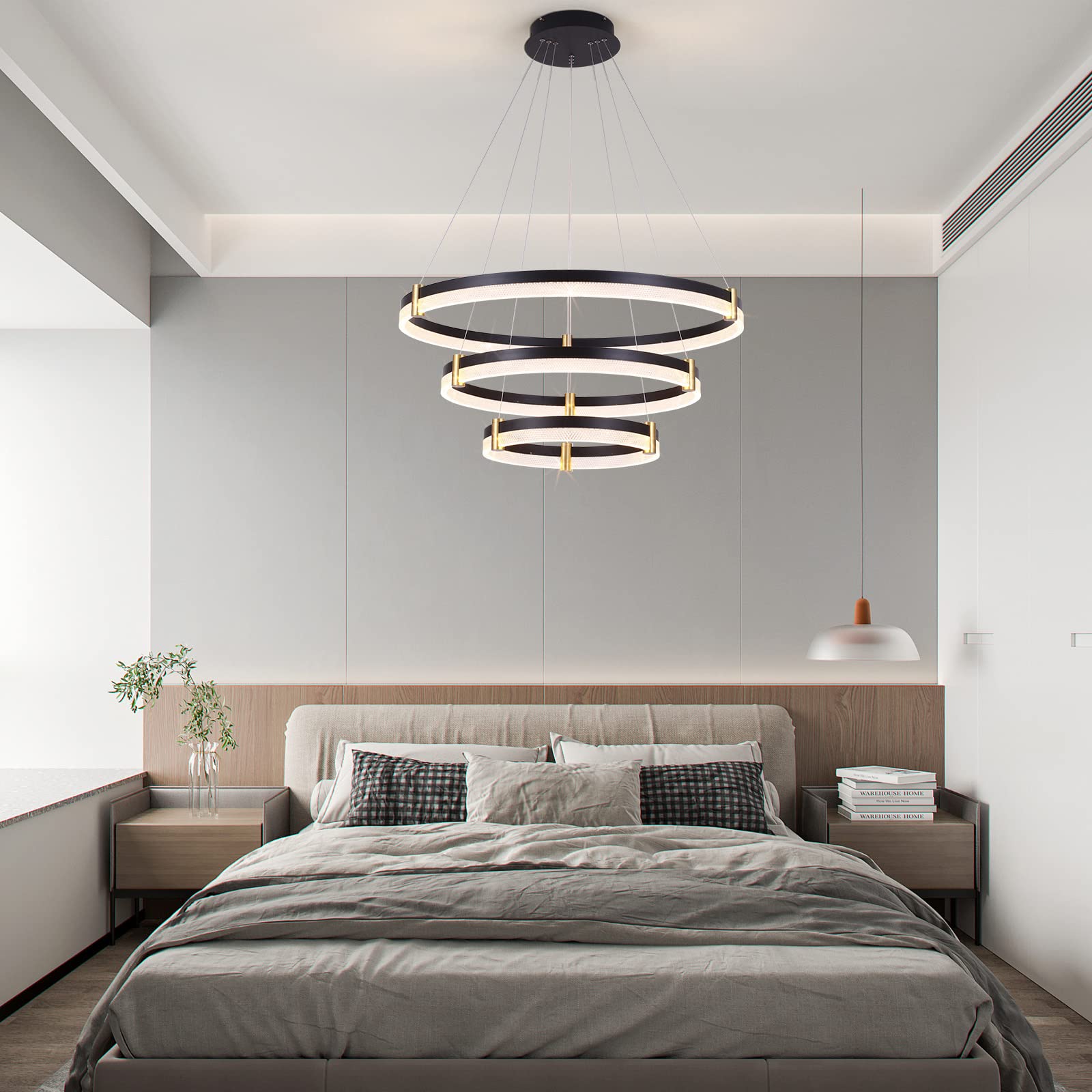 Siittoo Modern Crystal Chandelier Light Fixture  Dimmable Led Acrylic Pendant Lighting  Adjustable Black Chandelier For Dining Living Room Bedroom Kitchen (3 Rings  57W  F31.5+23.6+15.8)
